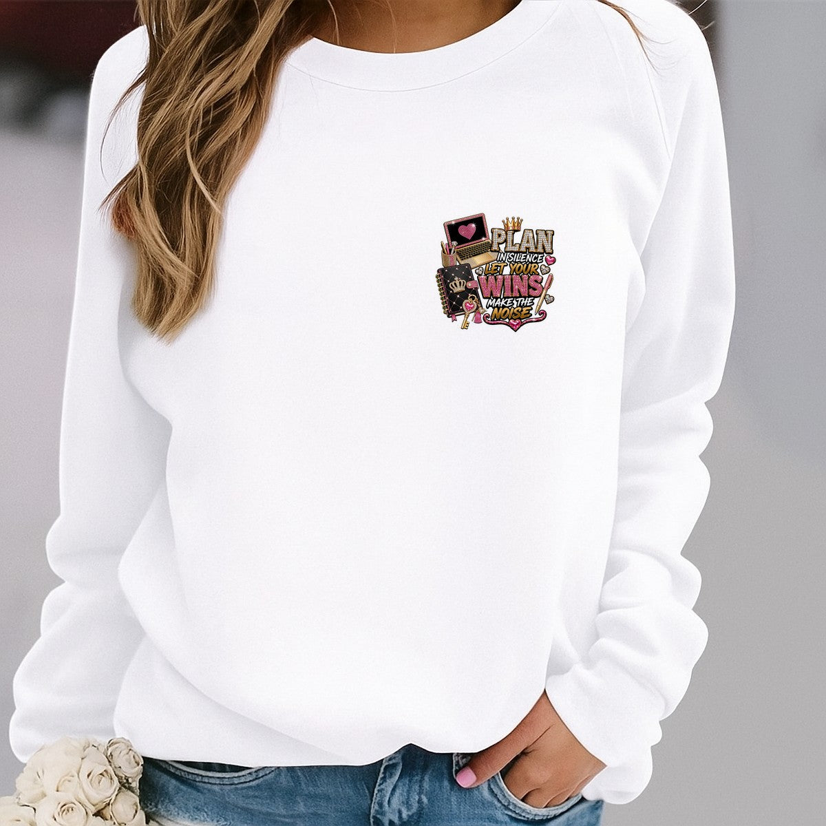DTF Heat Transfer Plan In Silence Let Your Wins Make The Noise Pink Rhinestone Laptop and Planner Graphic for T Shirts Hoodies and Tote Bags - 4