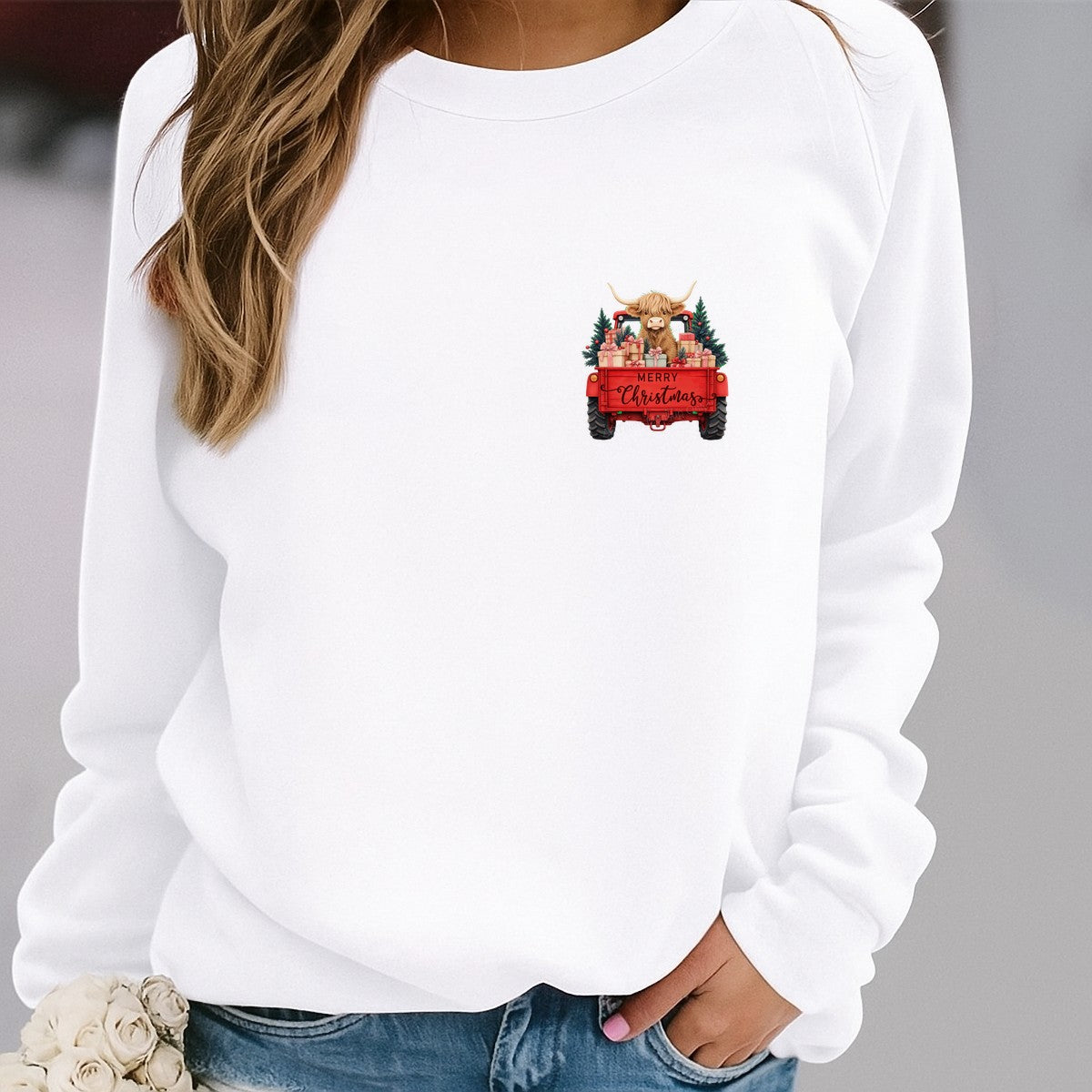 DTF Heat Transfer Merry Christmas Highland Cow in Red Truck Graphic for Holiday Shirts and Gifts - 4