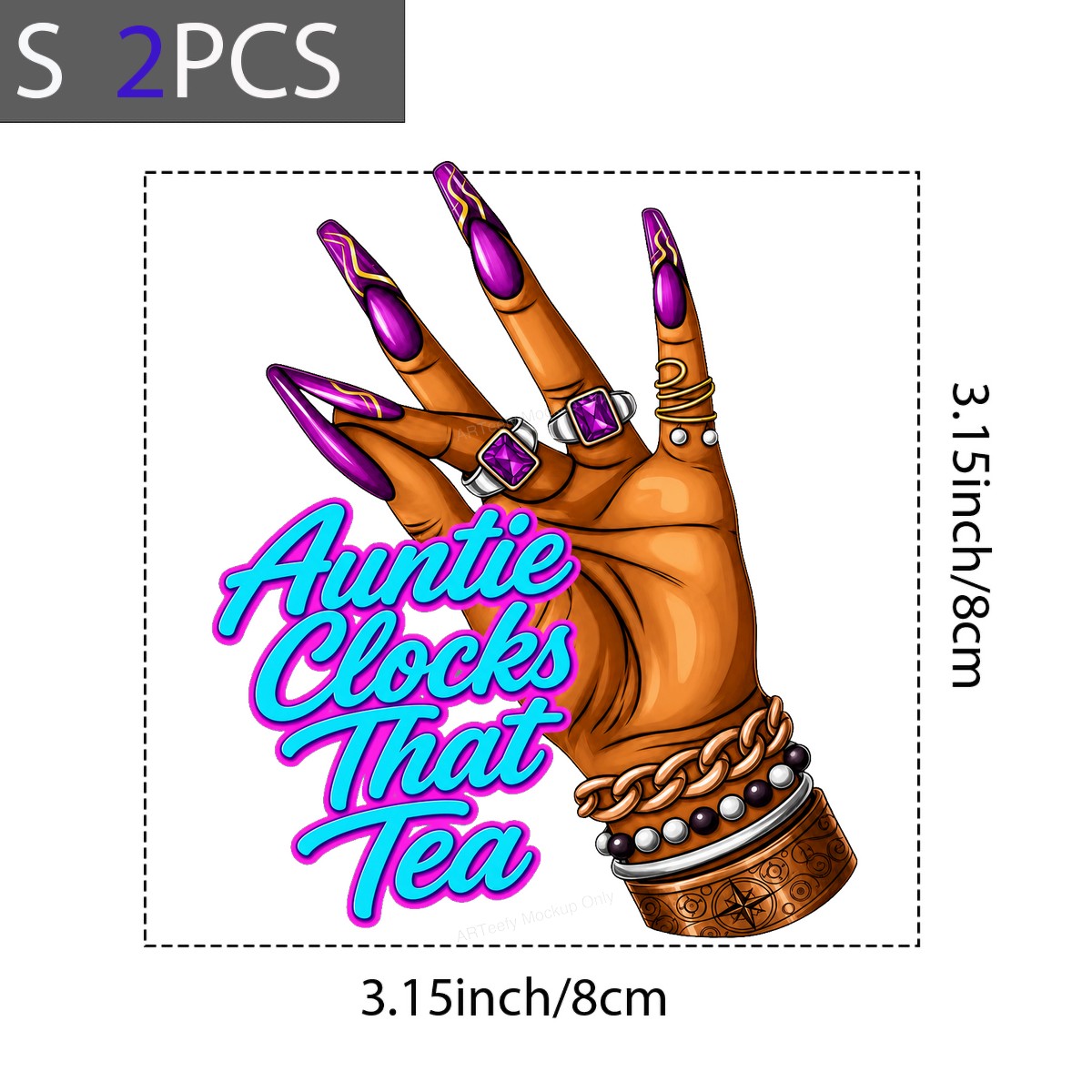 Funny Graphic Transfer Auntie Clocks That Tea Hand with Long Purple Nails Design for T Shirts Hoodies and Tote Bags - 4