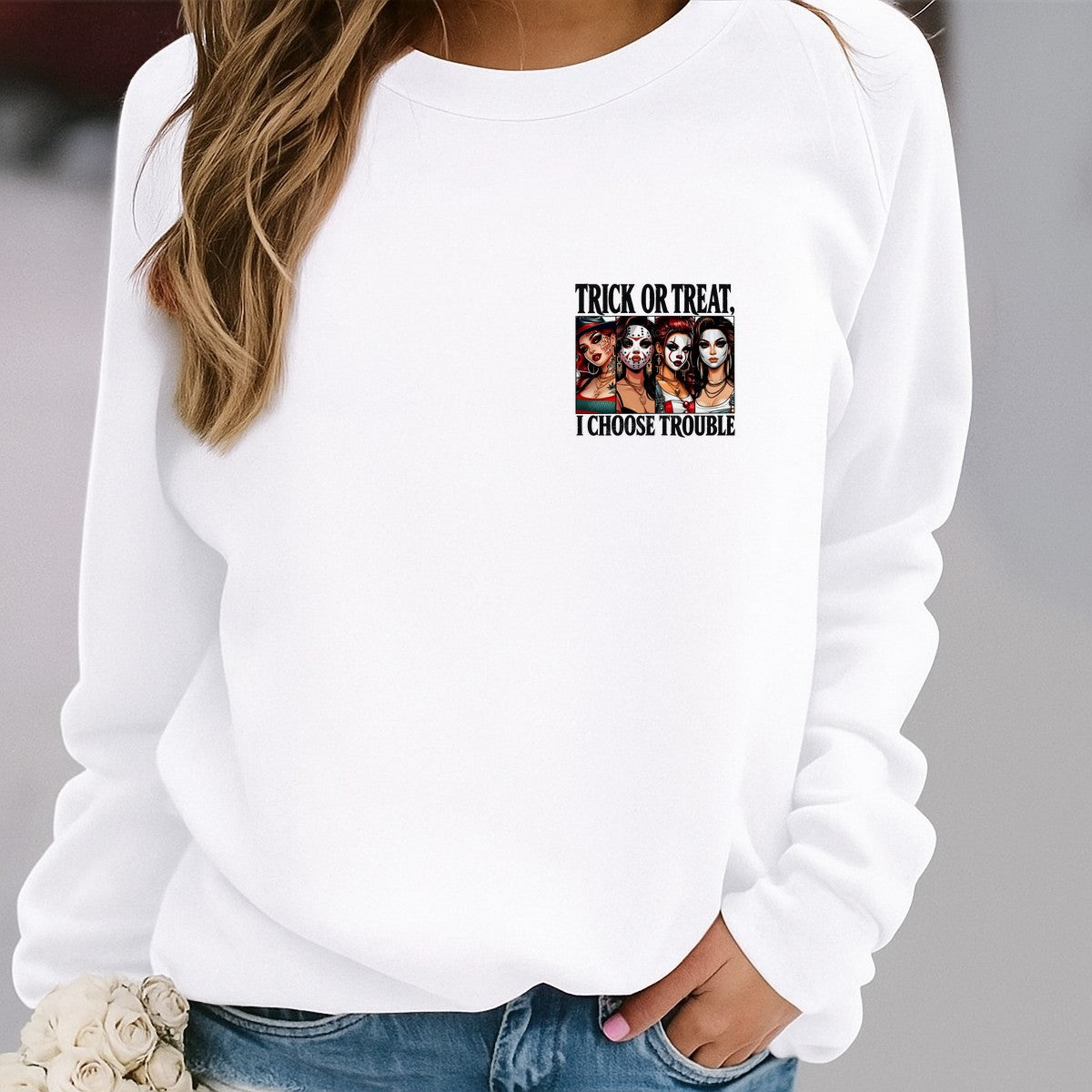 DTF Transfer Trick Or Treat I Choose Trouble Halloween Makeup Girl Graphic for T Shirts Hoodies and Tote Bags - 4