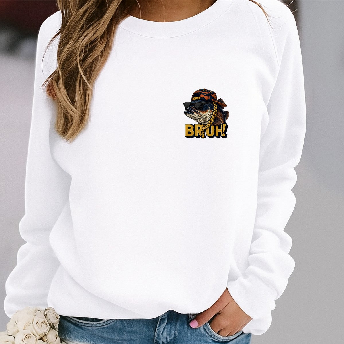 Funny Graphic Transfer Bruh Bass Fish with Sunglasses and Gold Chain Streetwear Design for T Shirts Hoodies and Fishing Apparel - 4