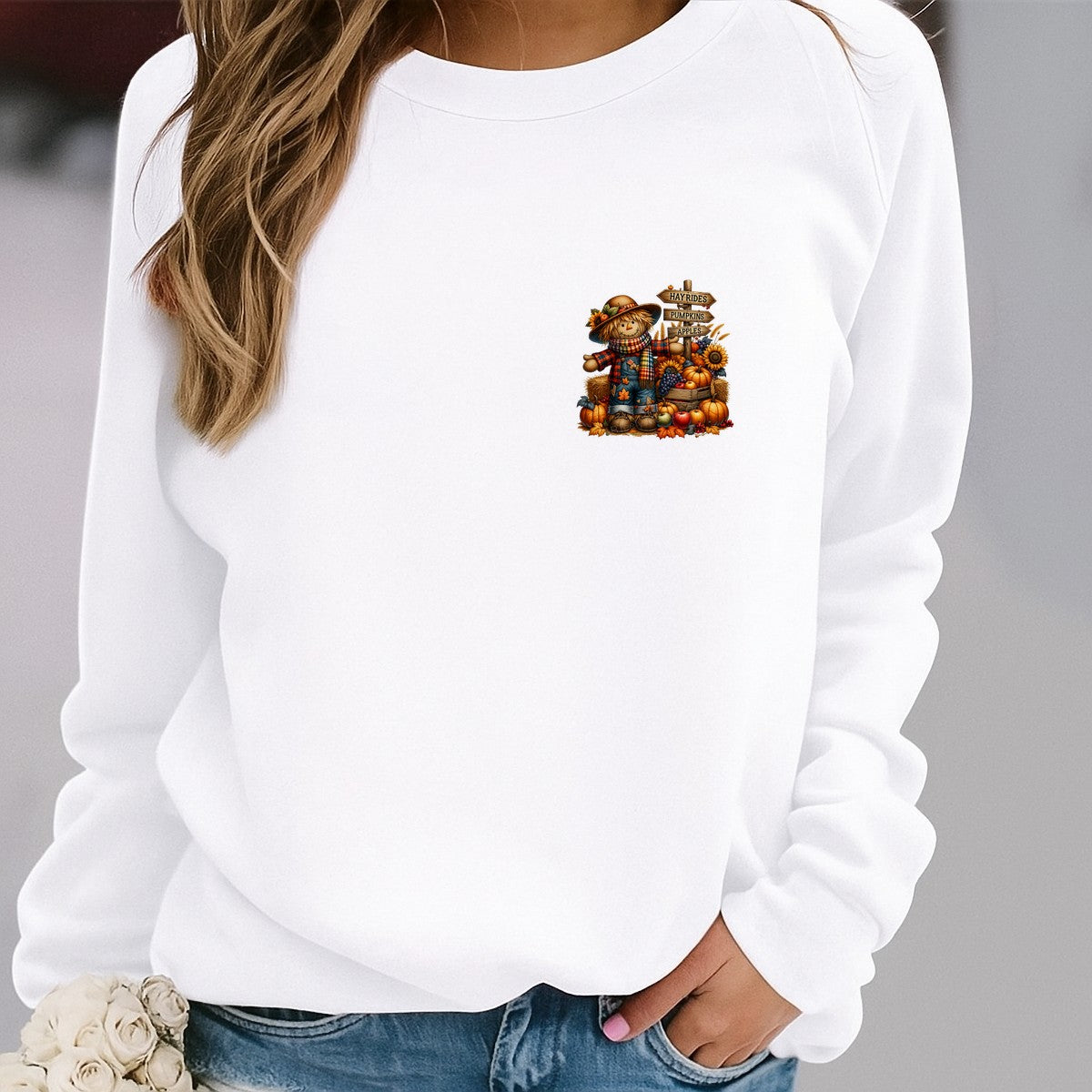 DTF Transfer Cute Fall Scarecrow with Pumpkins Sunflowers and Hayrides Sign Graphic for T Shirts Hoodies and Tote Bags - 4