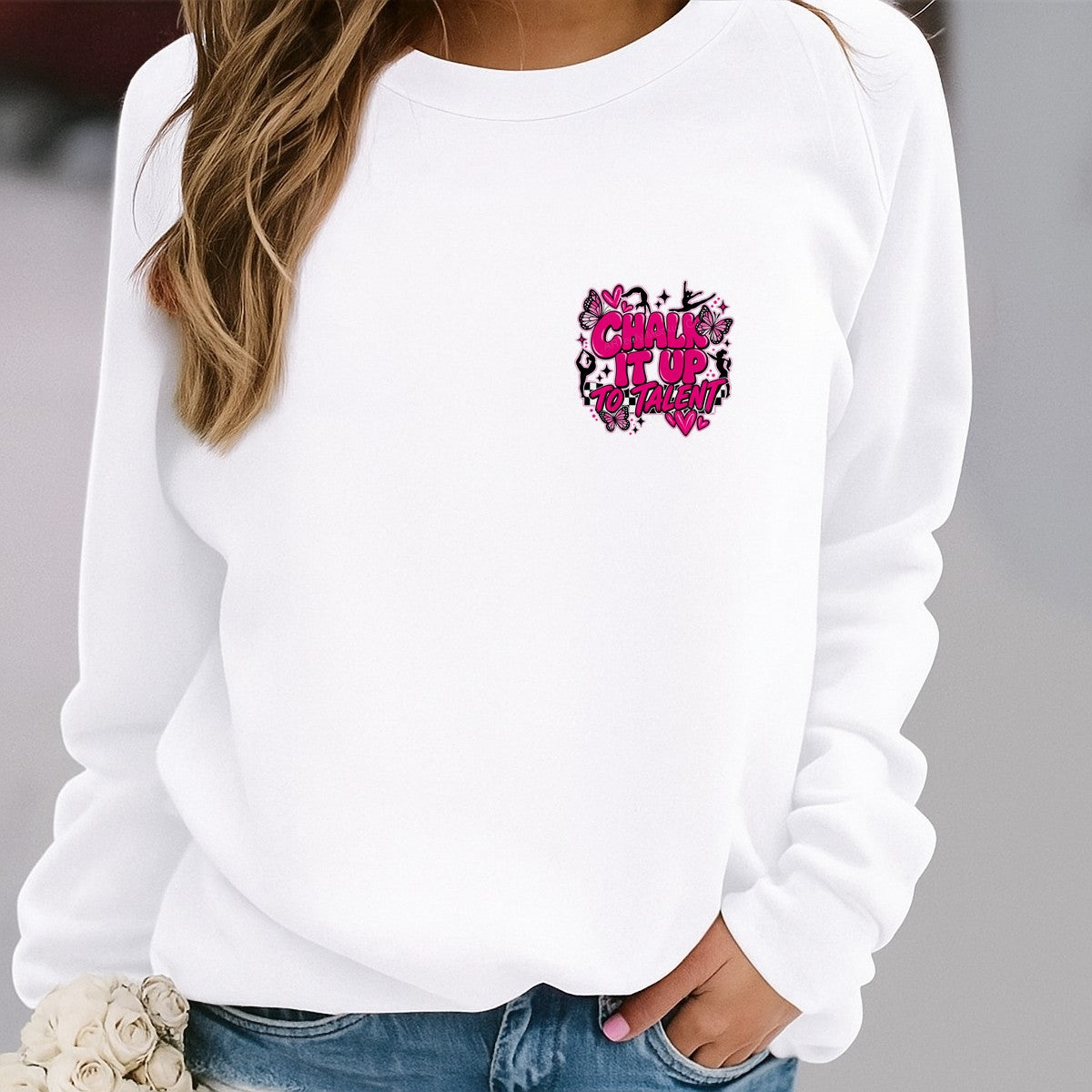 DTF Heat Transfer Chalk It Up To Talent Gymnastics Quote Pink Butterfly Graphic for T Shirts Hoodies and Dance Apparel - 4