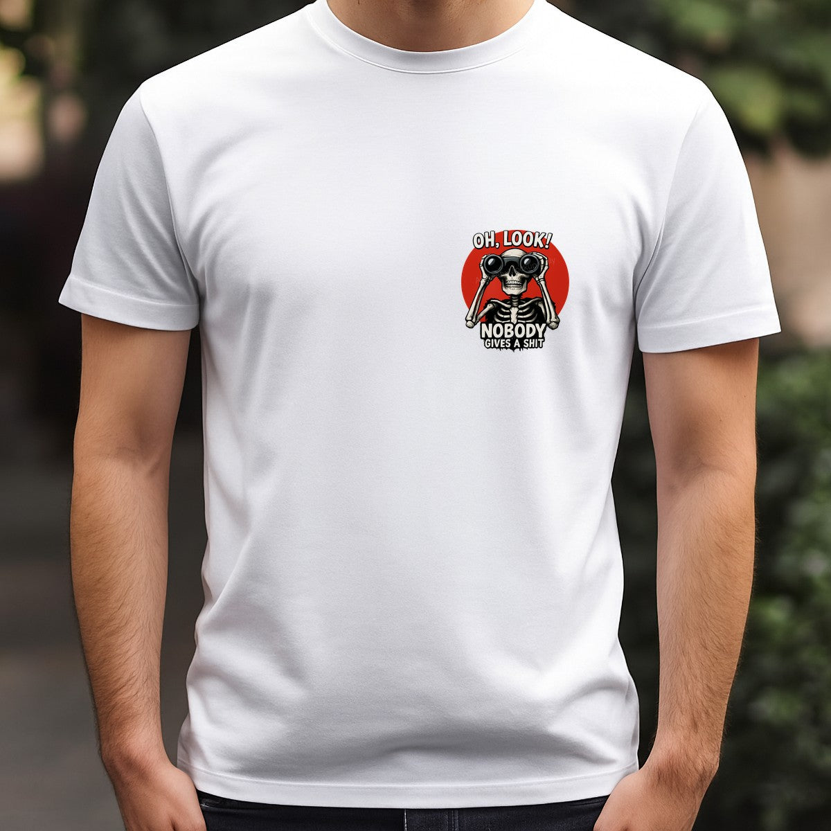 Funny Graphic Transfer Oh Look Nobody Cares Skeleton with Binoculars Design for T Shirts Hoodies and Tote Bags - 5