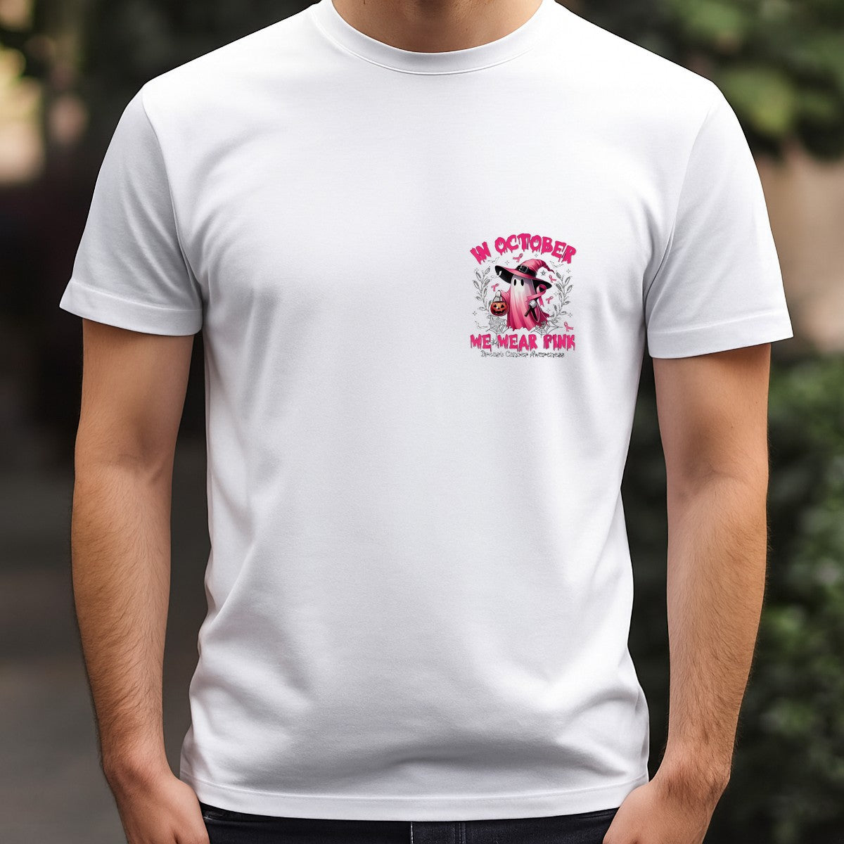 DTF Heat Transfer Iron On Sticker Pink Ghost with Witch Hat and Pumpkin Breast Cancer Awareness for Halloween Shirts and Home Decor - 5