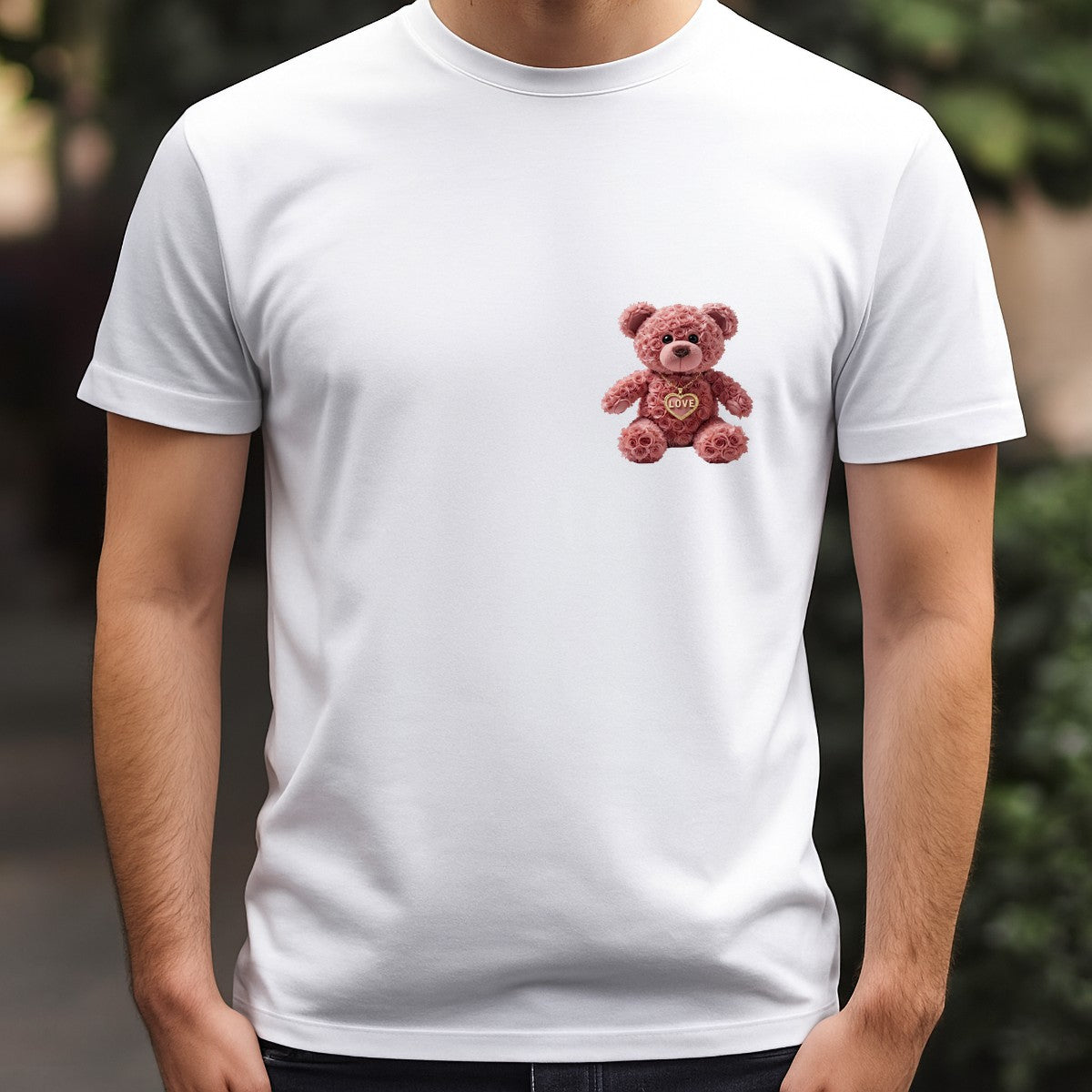 DTF Transfer Rose Teddy Bear with Gold Love Heart Necklace Graphic for Valentine Shirts and Romantic Gifts - 5