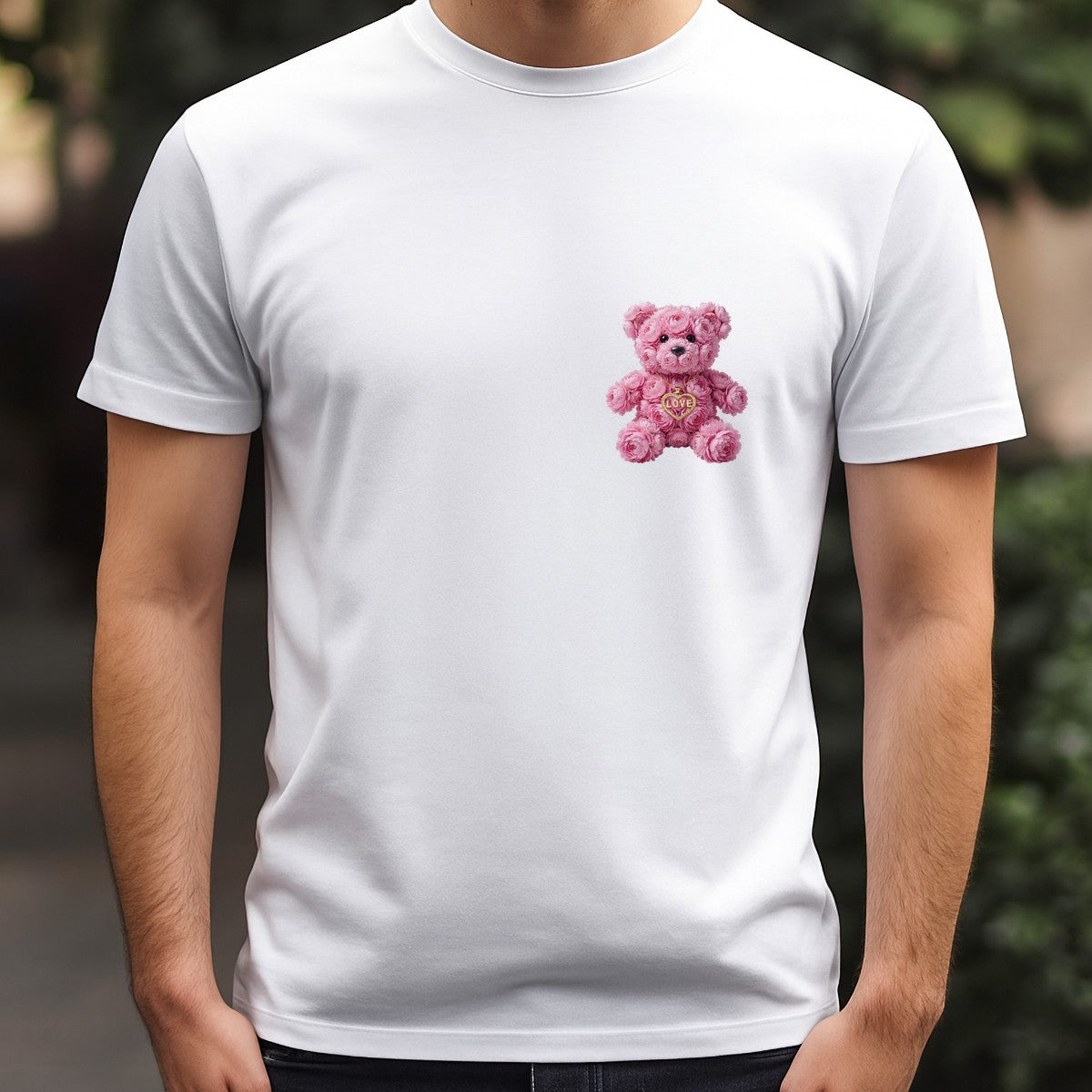 DTF Transfer Pink Flower Teddy Bear with Gold LOVE Heart Necklace Graphic for T Shirts Hoodies and Valentine Gifts - 5