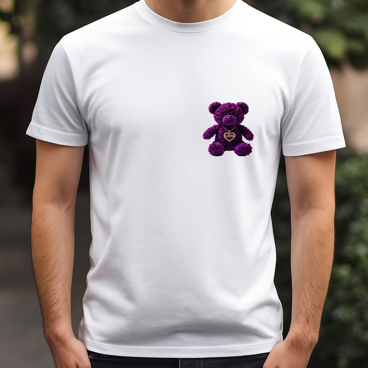 DTF Transfer Purple Rose Teddy Bear with Gold Love Heart Necklace Graphic for T Shirts Hoodies and Valentine Gifts - 5