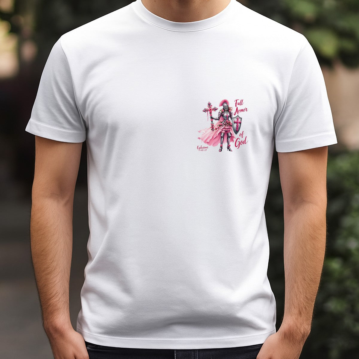 Christian Heat Transfer Full Armor of God Pink Warrior with Cross and Roses Graphic for T Shirts Hoodies and Christian Apparel - 5
