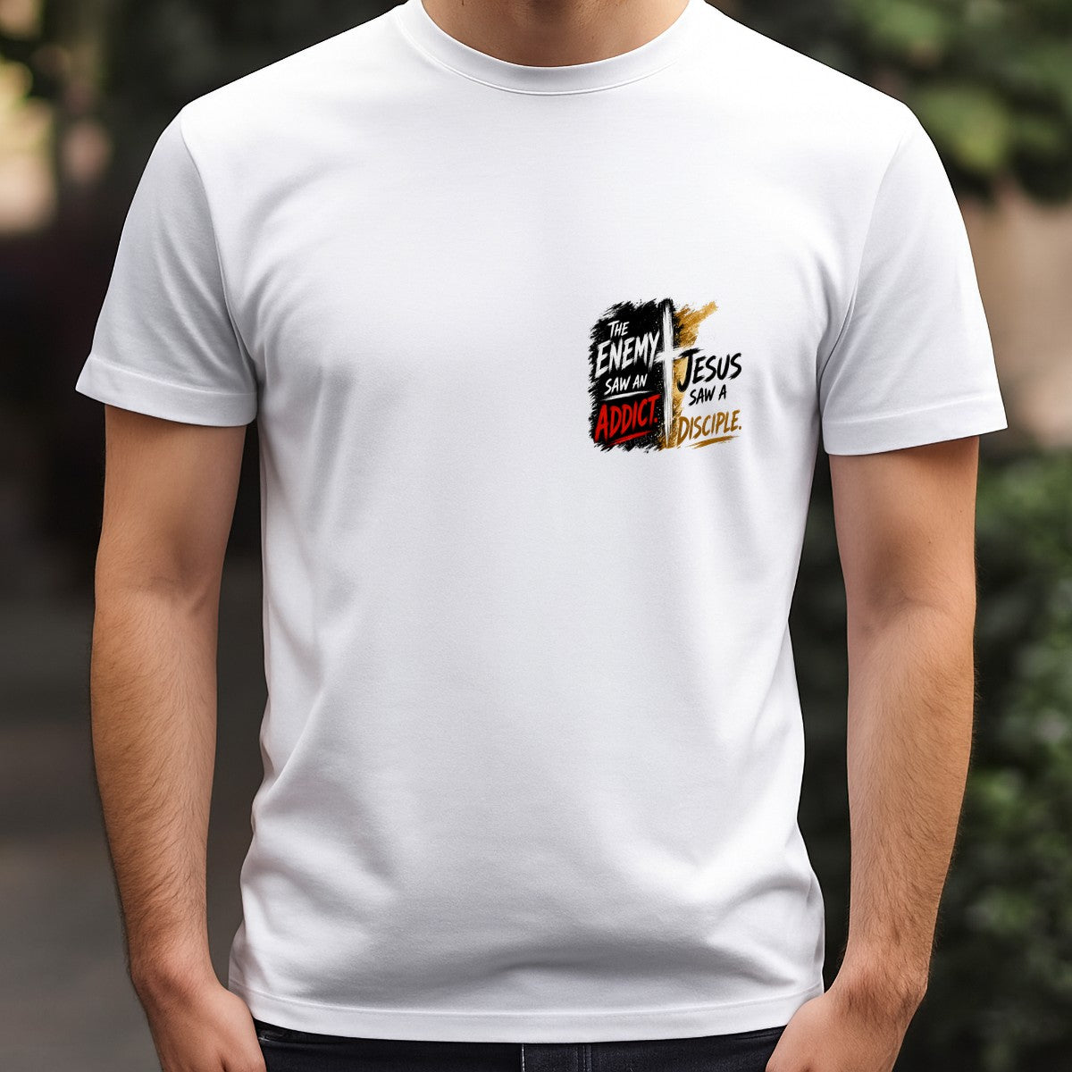 Christian Heat Transfer The Enemy Saw An Addict Jesus Saw A Disciple Cross Graphic for T Shirts Hoodies and Tote Bags - 5