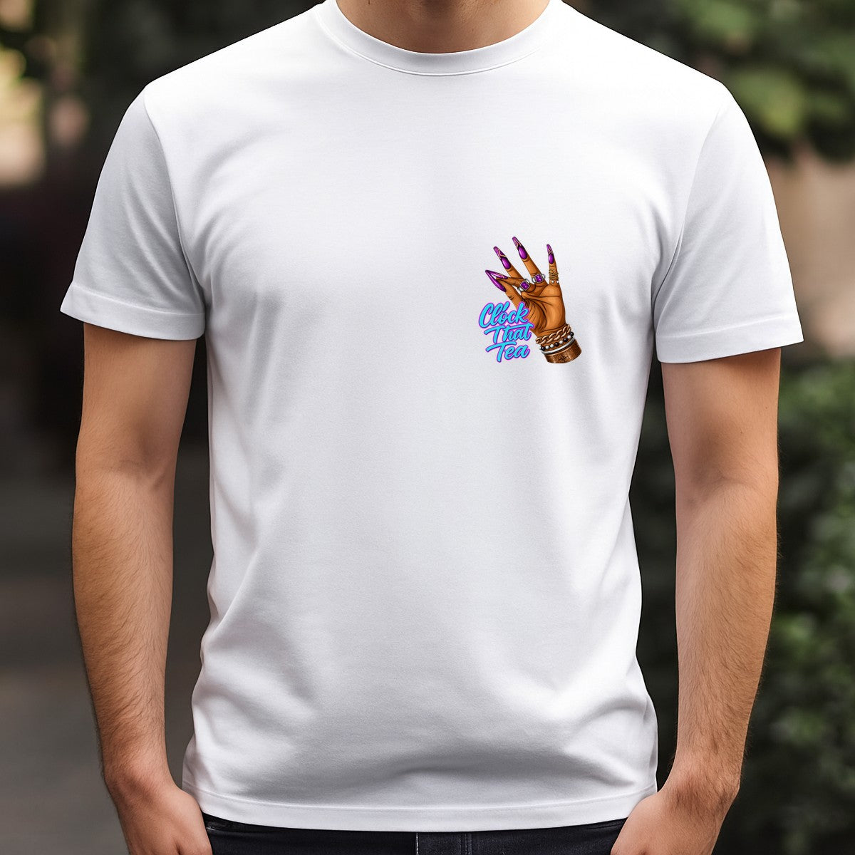 Funny Graphic Transfer “Clock That Tea” Hand with Long Purple Nails Design for T Shirts Hoodies and Tote Bags - 5