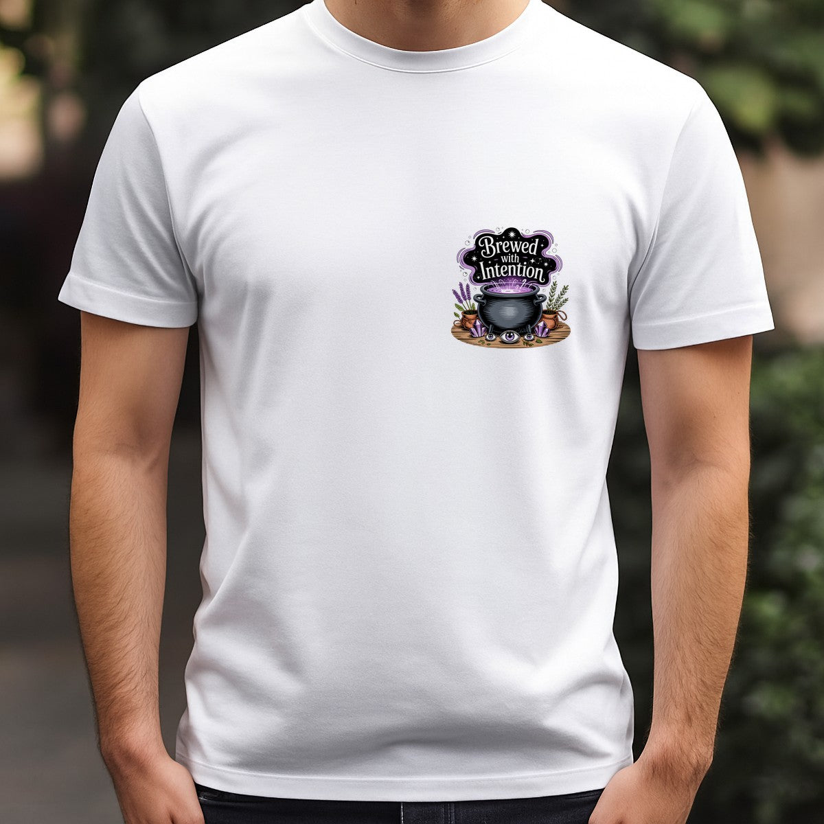 DTF Heat Transfer Brewed With Intention Witchy Cauldron and Crystals Graphic for T Shirts Hoodies and Tote Bags - 5