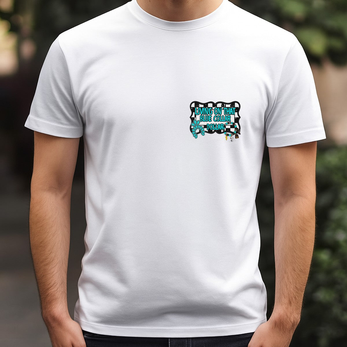Western Heat Transfer Living On That Blue Collar Dollar Turquoise Jewelry Checkered Graphic for T Shirts Hoodies and Workwear Apparel - 5