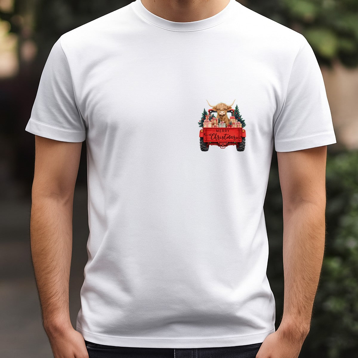 DTF Heat Transfer Merry Christmas Highland Cow in Red Truck Graphic for Holiday Shirts and Gifts - 5