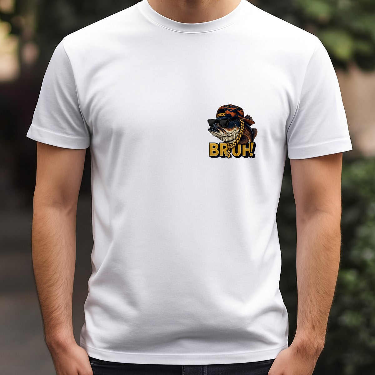 Funny Graphic Transfer Bruh Bass Fish with Sunglasses and Gold Chain Streetwear Design for T Shirts Hoodies and Fishing Apparel - 5