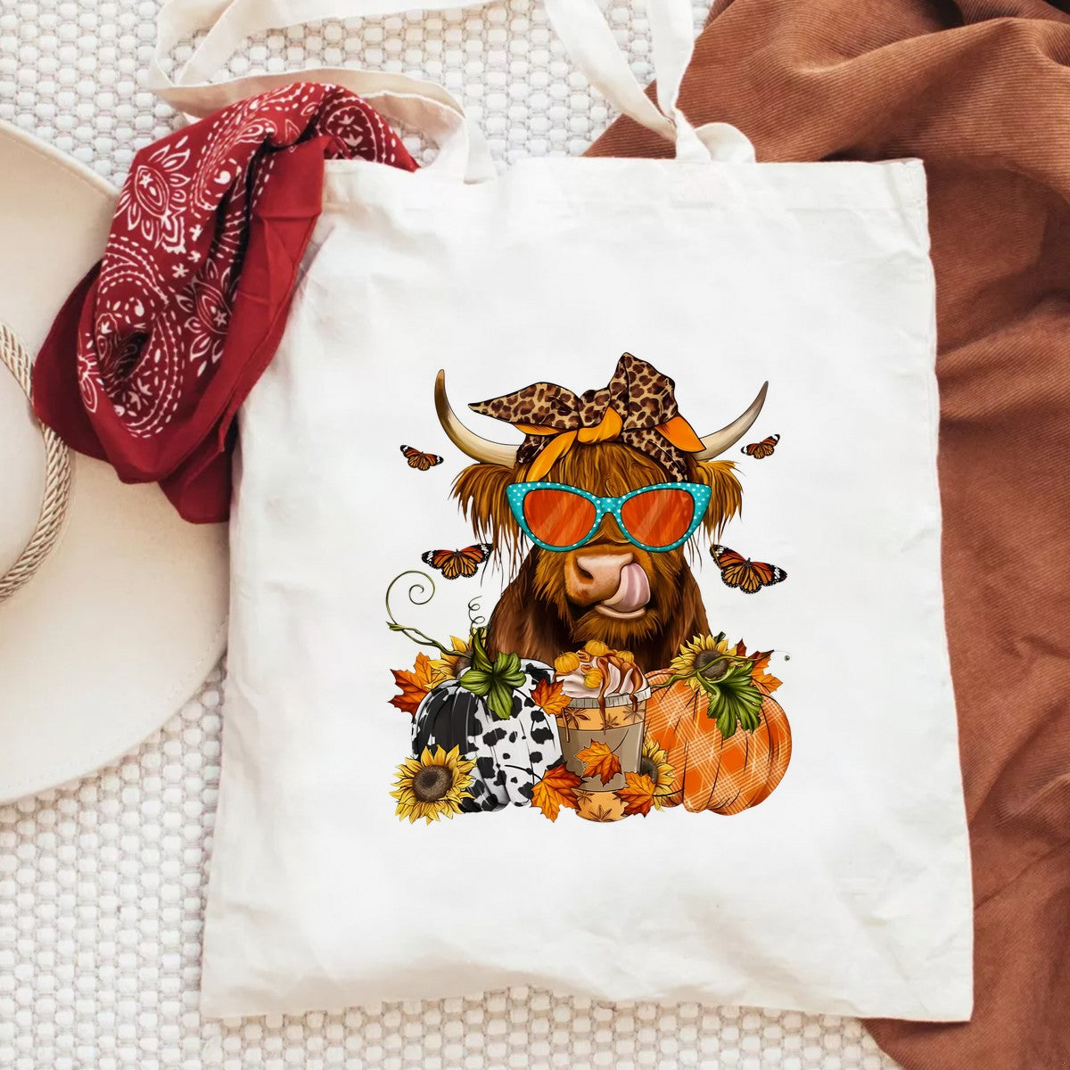 DTF Heat Transfer Iron On Sticker Highland Cow with Sunglasses and Pumpkins for Fall Home Decor T Shirts Hoodies Bags and Halloween Party Favors - 6