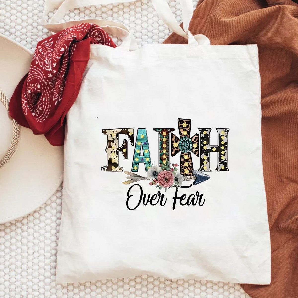 DTF Heat Transfer Iron On Sticker Faith Over Fear Lettering with Rustic Floral Arrow Pattern for Western Apparel Bags Home Decor and Inspirational Gifts - 6