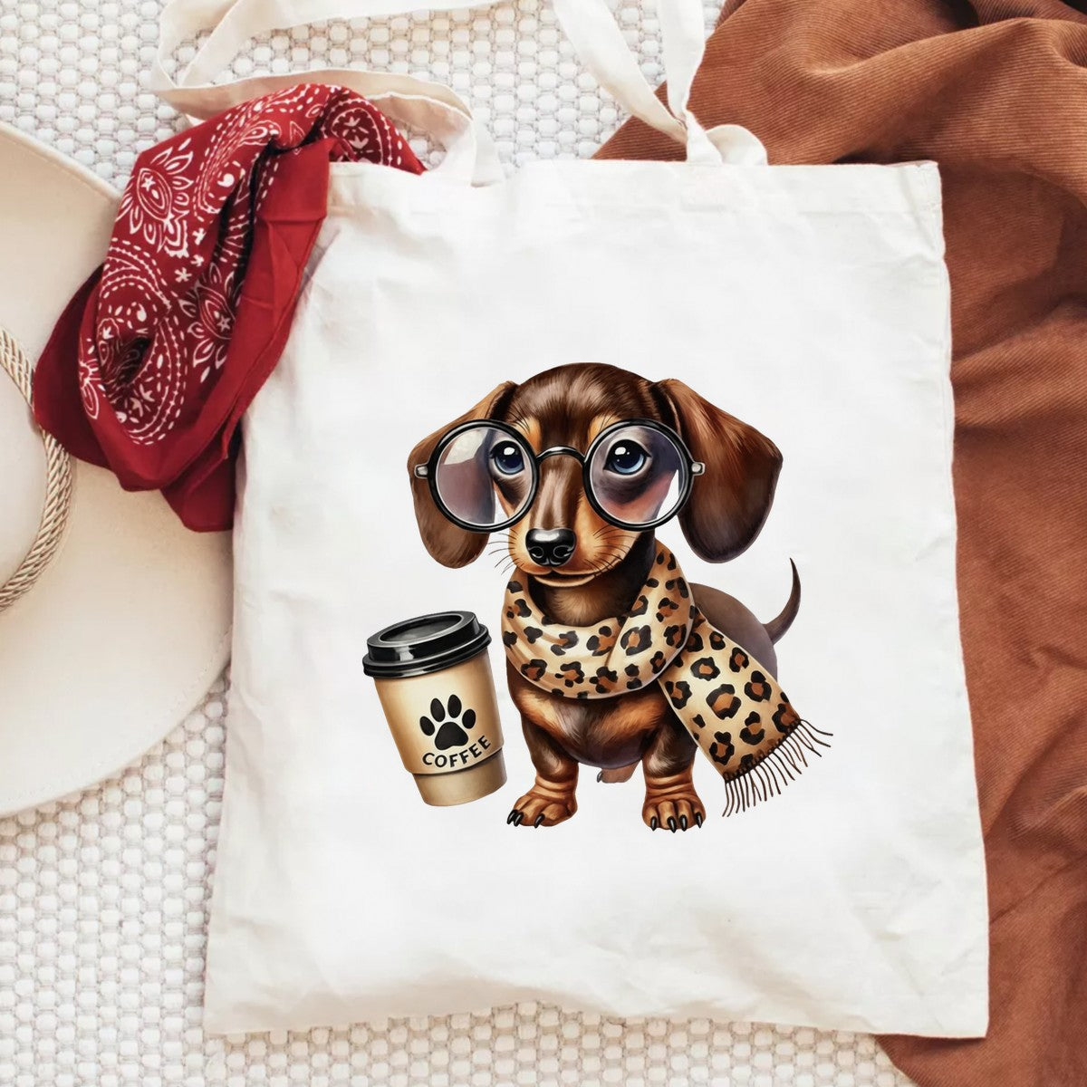DTF Heat Transfer Iron On Sticker Cute Dachshund with Coffee Cup and Leopard Scarf for Fall Home Decor T Shirts Hoodies and Tote Bags - 6