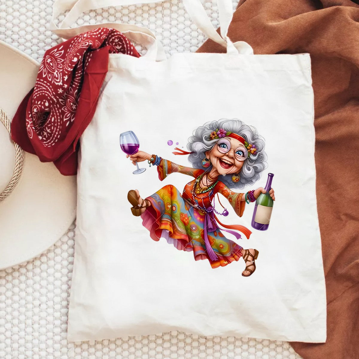 DTF Heat Transfer Iron On Sticker Vintage Bohemian Woman Holding Wine Glass and Bottle Colorful Dress for Fall Home Decor Apparel Bags and Party Celebration - 6
