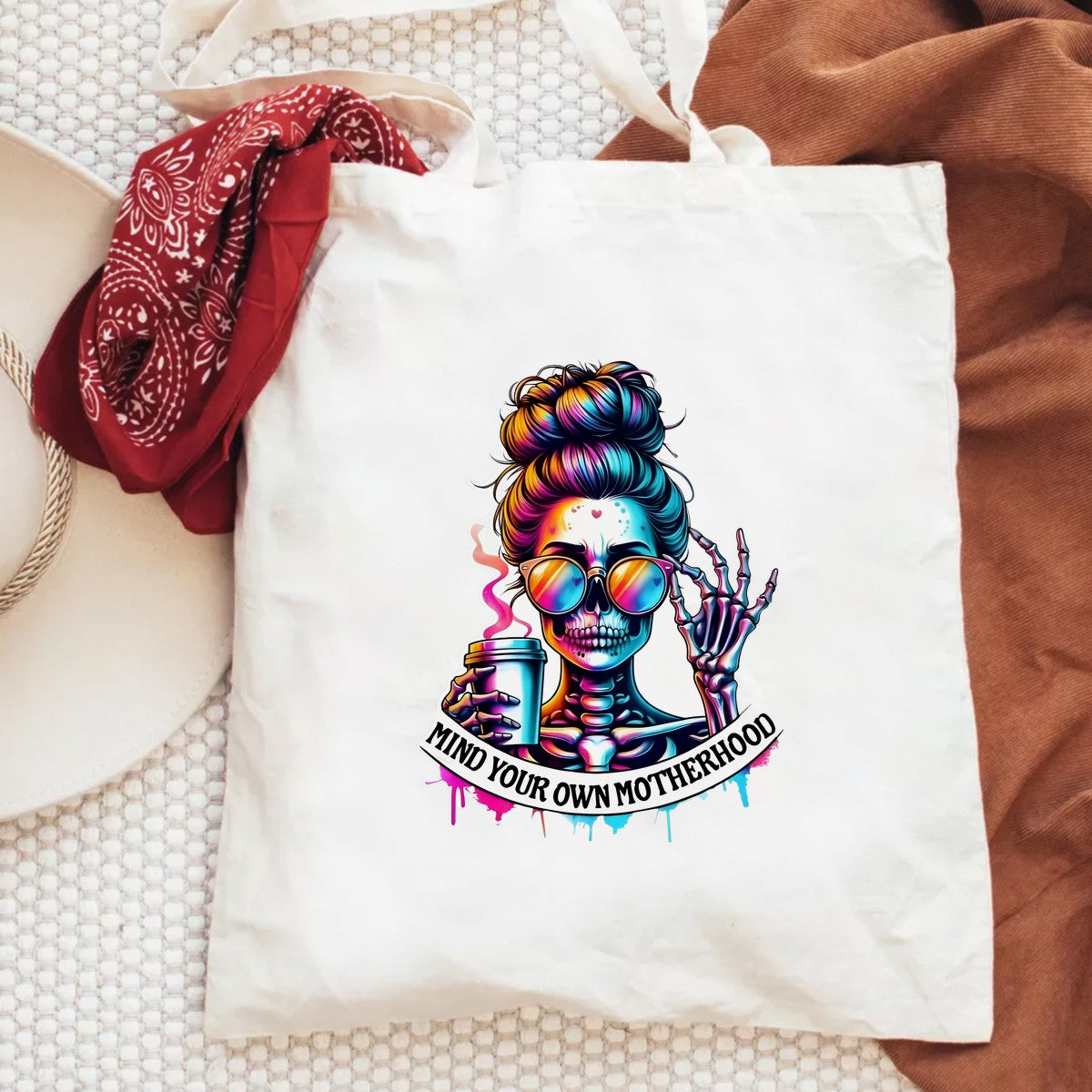 DTF Heat Transfer Iron On Sticker Skull Mom with Coffee and Sunglasses for Halloween Decor T Shirts Bags and Home Decoration - 6