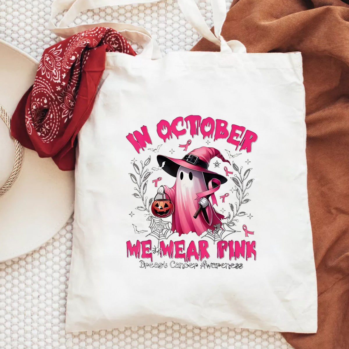 DTF Heat Transfer Iron On Sticker Pink Ghost with Witch Hat and Pumpkin Breast Cancer Awareness for Halloween Shirts and Home Decor - 6