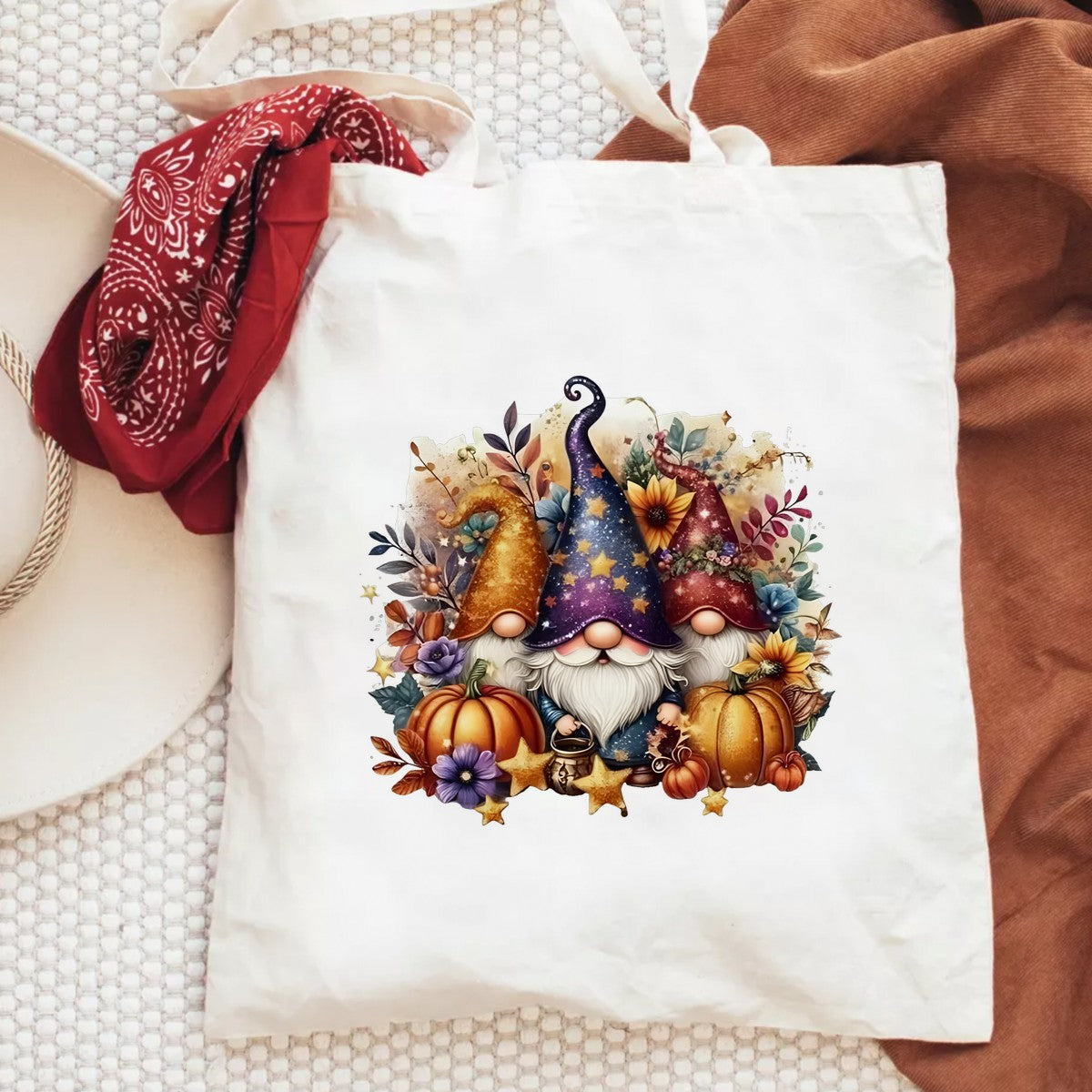 DTF Heat Transfer Iron On Sticker Gnome Trio with Pumpkins and Autumn Leaves for Halloween Decorations Fall Home Decor T Shirts and Bags - 6
