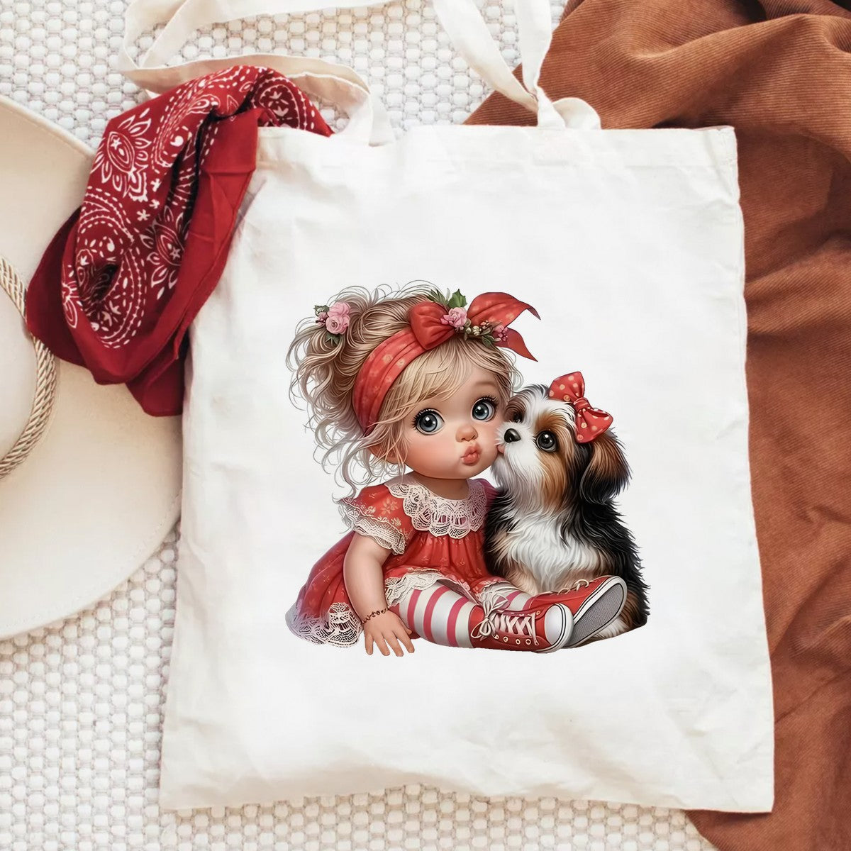 DTF Heat Transfer Iron On Sticker Cute Baby Girl with Puppy Red Dress and Headband for Apparel Bags and Nursery Decor - 6