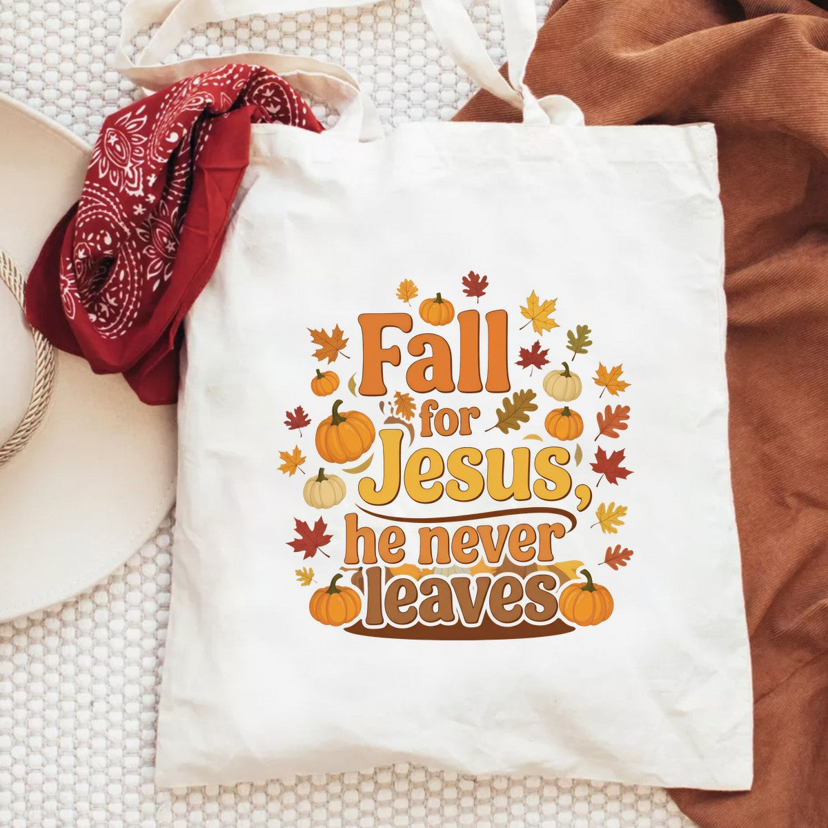 DTF Heat Transfer Iron On Sticker Fall for Jesus He Never Leaves Pumpkins Leaves Graphic for Autumn Apparel and Home Decor - 6