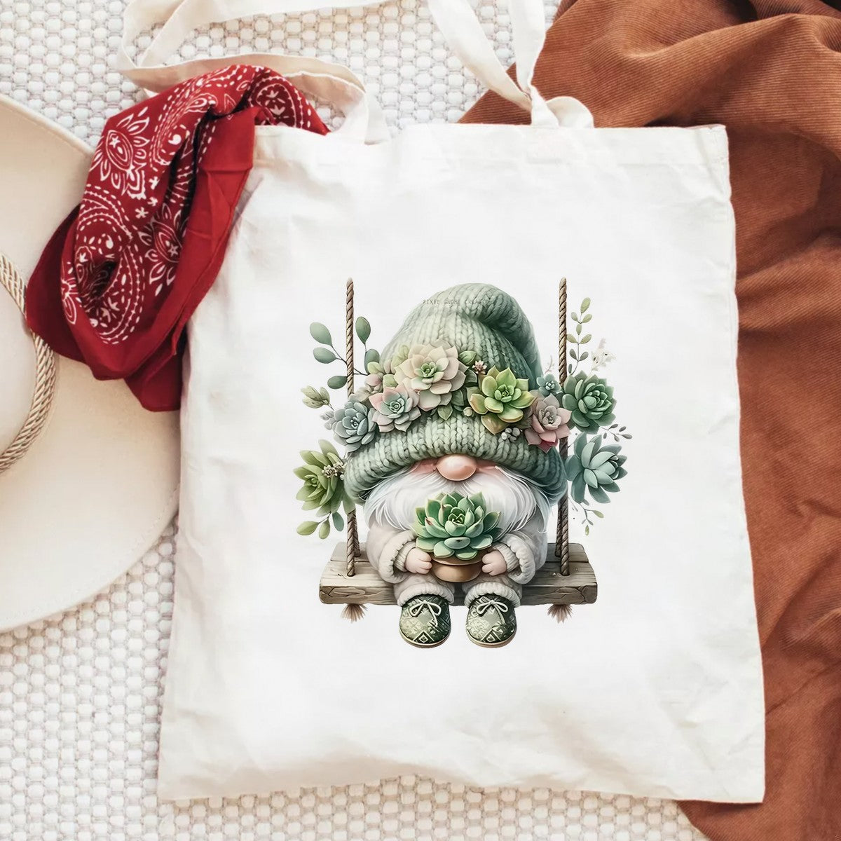 DTF Heat Transfer Iron On Sticker Gnome with Succulent Plants in Green Knit Hat for Fall Home Decor T Shirts Hoodies Bags and Seasonal Gifts - 6