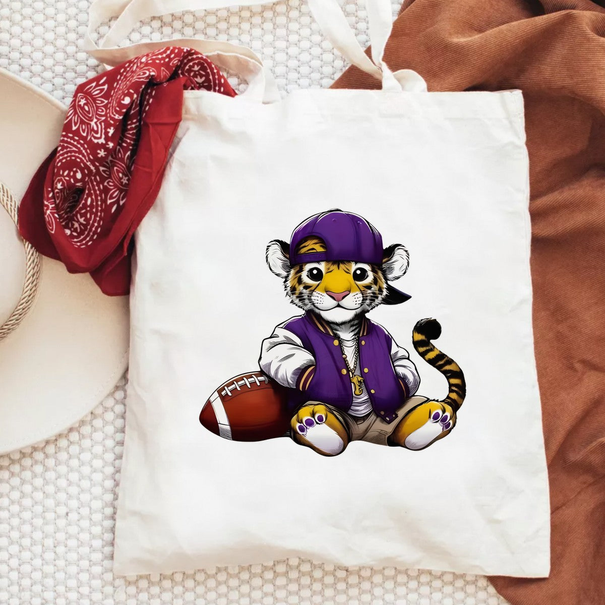 DTF Heat Transfer Iron On Sticker Cute Sporty Tiger with Purple Cap and Football Graphic for Apparel Bags Jackets and Home Decor - 6