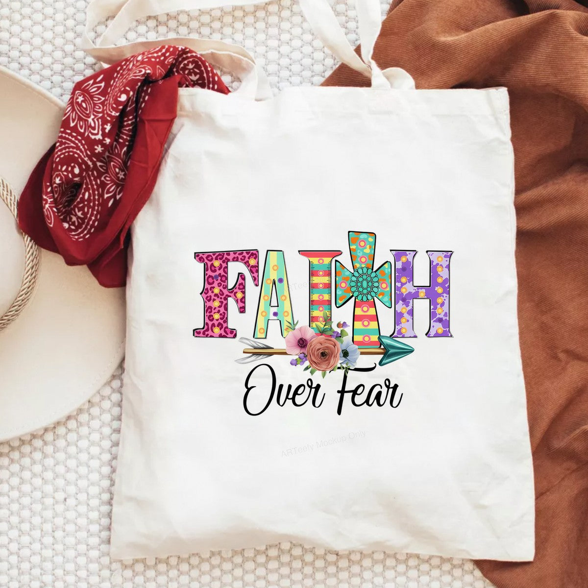 DTF Heat Transfer Iron On Sticker DTF Transfers Ready to Press Faith Over Fear Colorful Pattern with Floral Arrow for Inspirational Apparel Gifts Clearance - 6