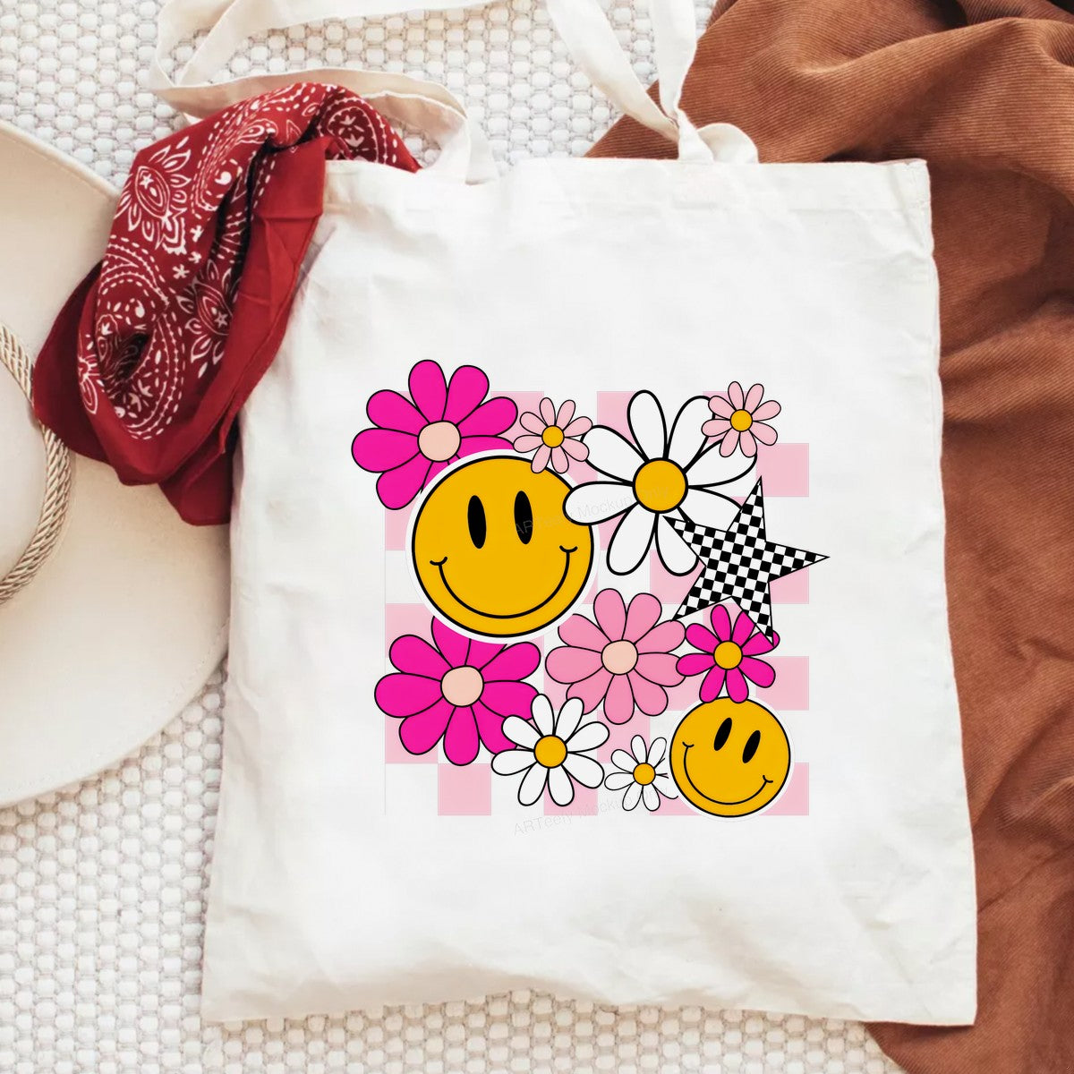 DTF Heat Transfer Iron On Sticker DTF Transfers Ready to Press Smiley Face with Checkered Star and Pink Flowers for T Shirts Hoodies Local Warehouse - 6