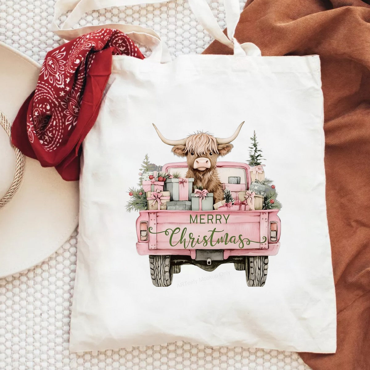 DTF Heat Transfer Iron On Sticker Heat Transfer Designs Ready to Press Christmas Highland Cow with Presents in Pink Truck for Holiday Apparel Local Warehouse - 6