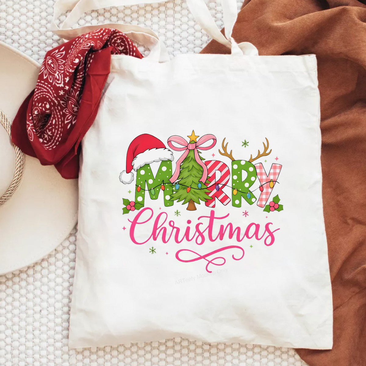 DTF Heat Transfer Iron On Sticker Iron On Heat Transfers Merry Christmas Design Colorful Lettering with Santa Hat Tree Lights for Holiday T Shirts Local Warehouse - 6