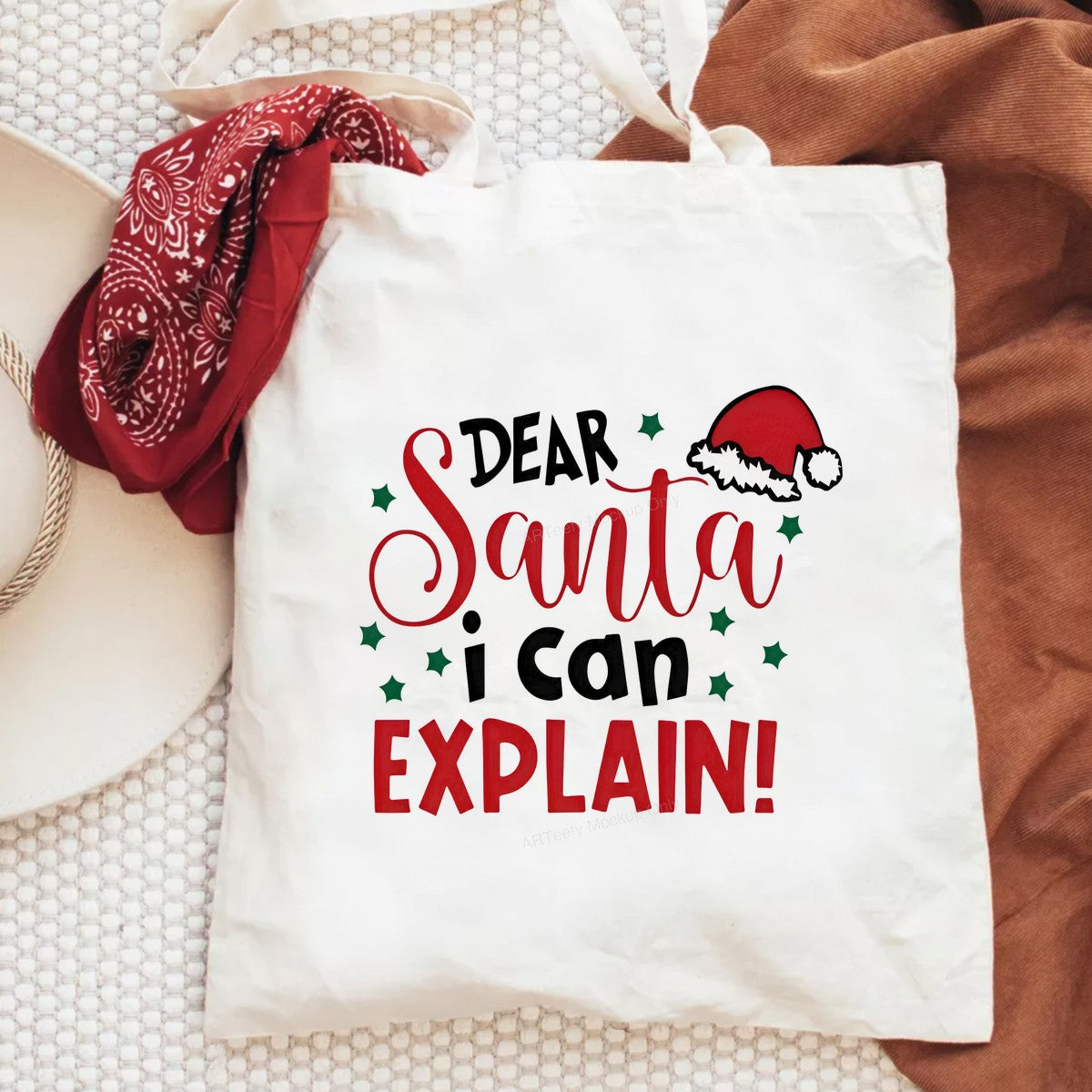 DTF Heat Transfer Dear Santa I Can Explain Quote with Santa Hat Graphic for Holiday Shirts and Christmas Apparel - 6