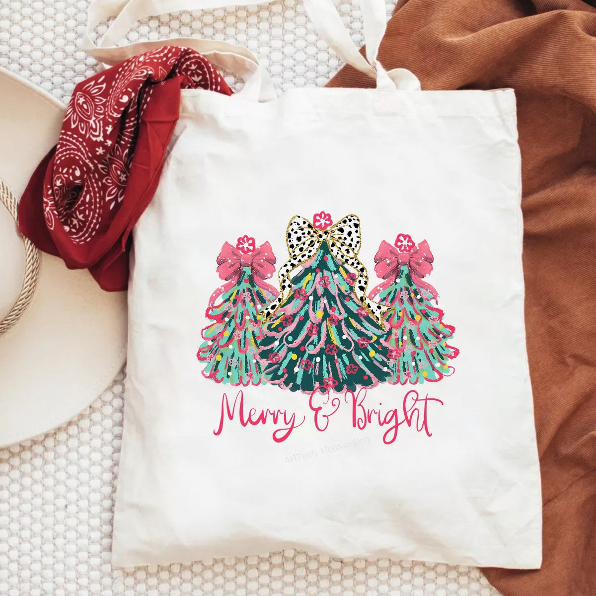 DTF Heat Transfer Iron On Sticker Iron On Transfers for T Shirts Merry Bright Christmas Tree Design with Pink Bows for Holiday Apparel Gifts Local Warehouse - 6