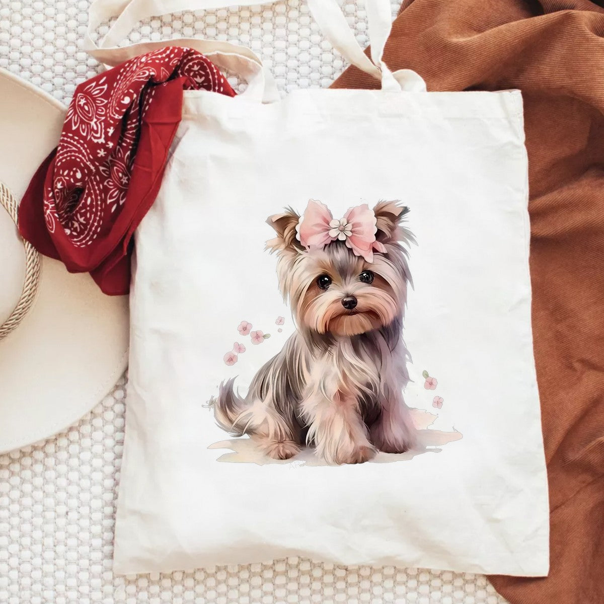Iron On Transfer Cute Yorkshire Terrier with Floral Bow Design for T Shirts and Tote Bags - 6
