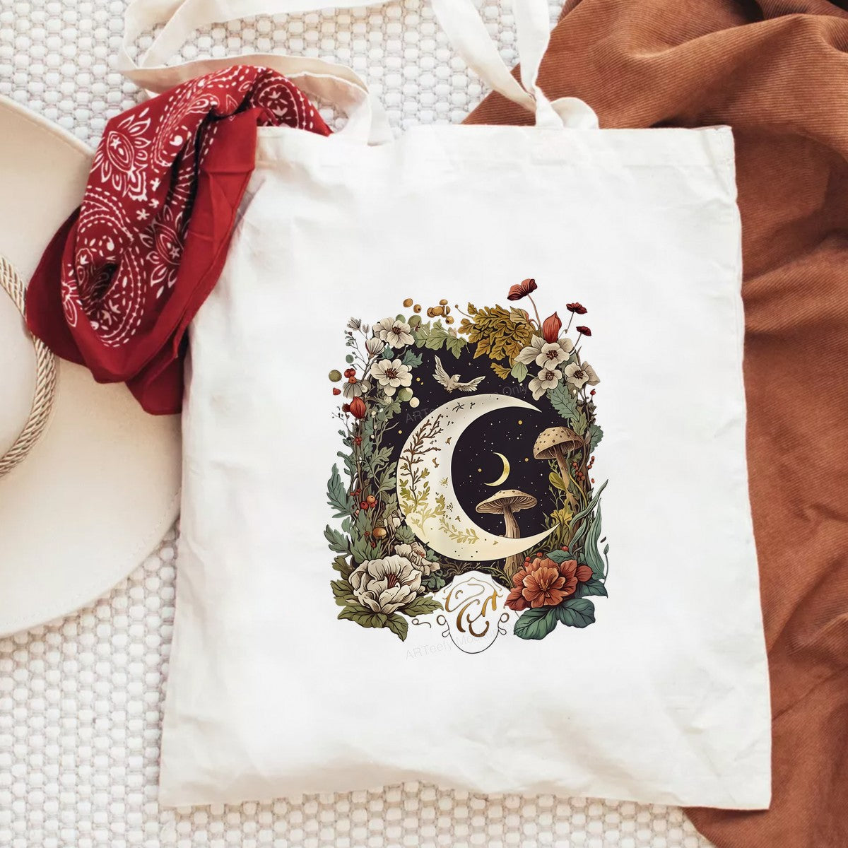 Iron On Transfer Botanical Moon and Stars Floral Design for T Shirts and Tote Bags - 6