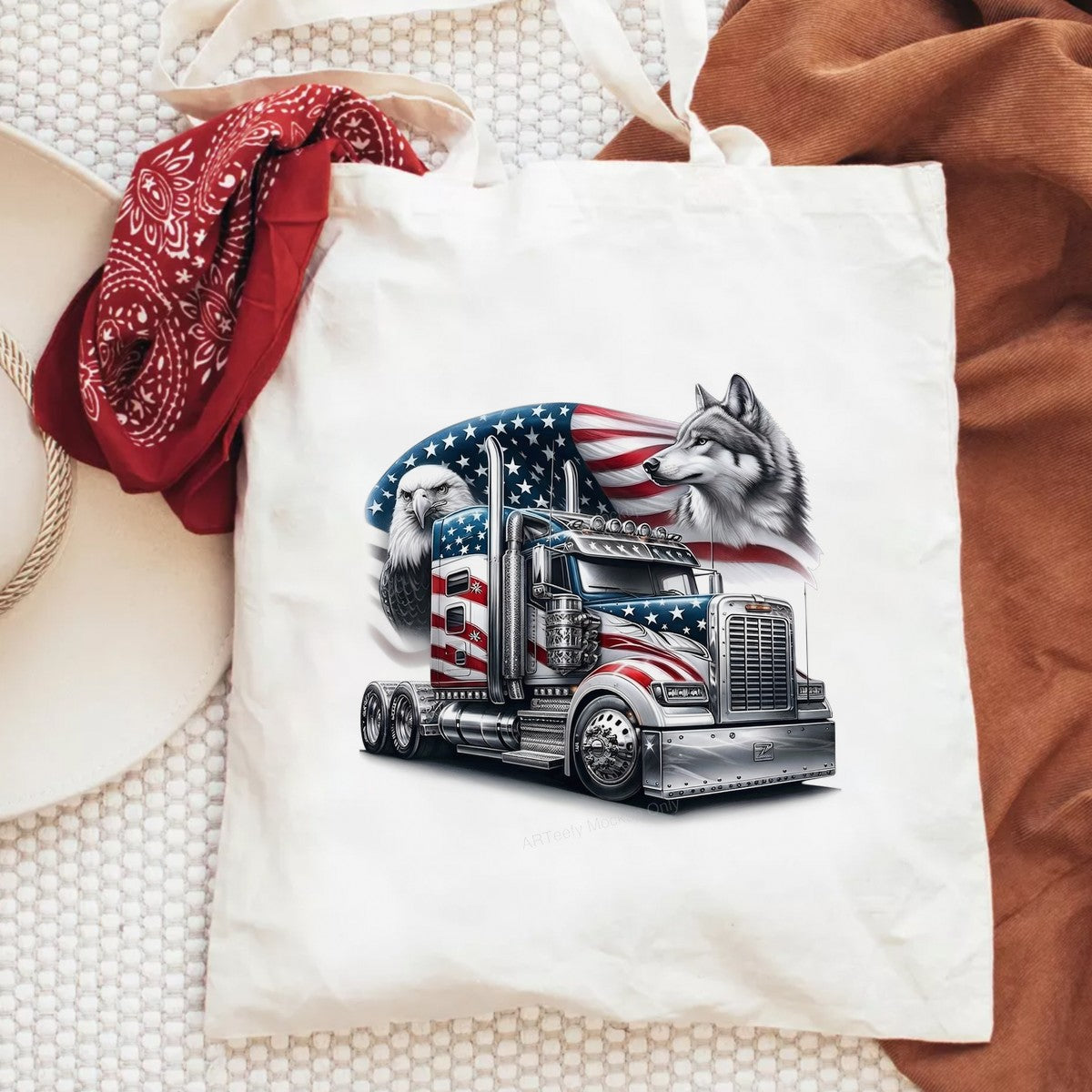 Iron On Transfer Patriotic Truck with Eagle and Wolf Design for T Shirts and Hoodies - 6