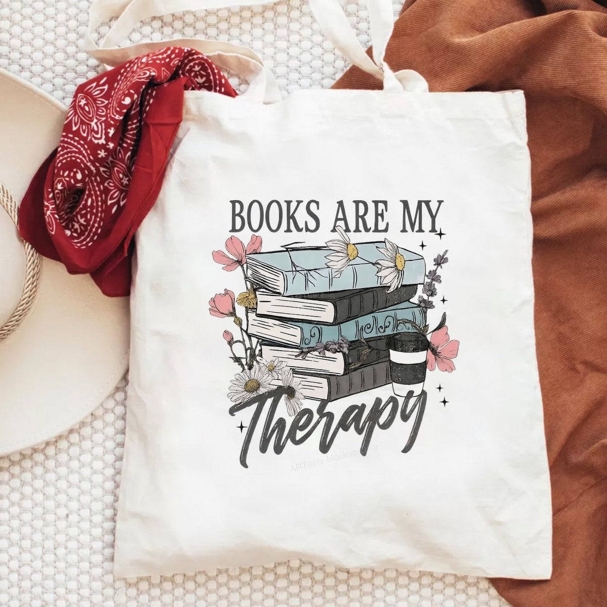 Iron On Transfer Books Are My Therapy Floral Stack Design for T Shirts and Tote Bags - 6