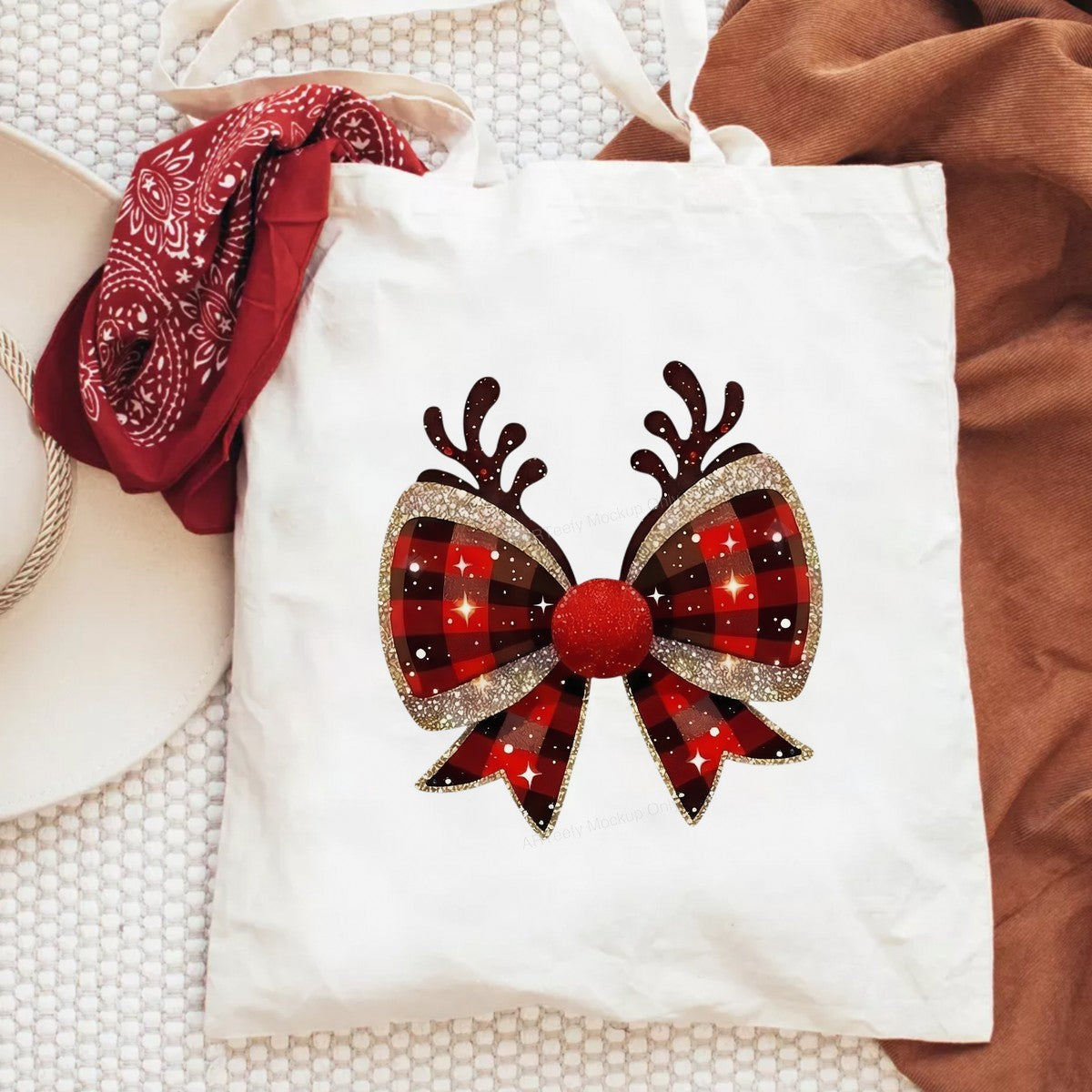 Iron On Transfer Buffalo Plaid Reindeer Bow Design for Holiday Apparel and Gifts - 6