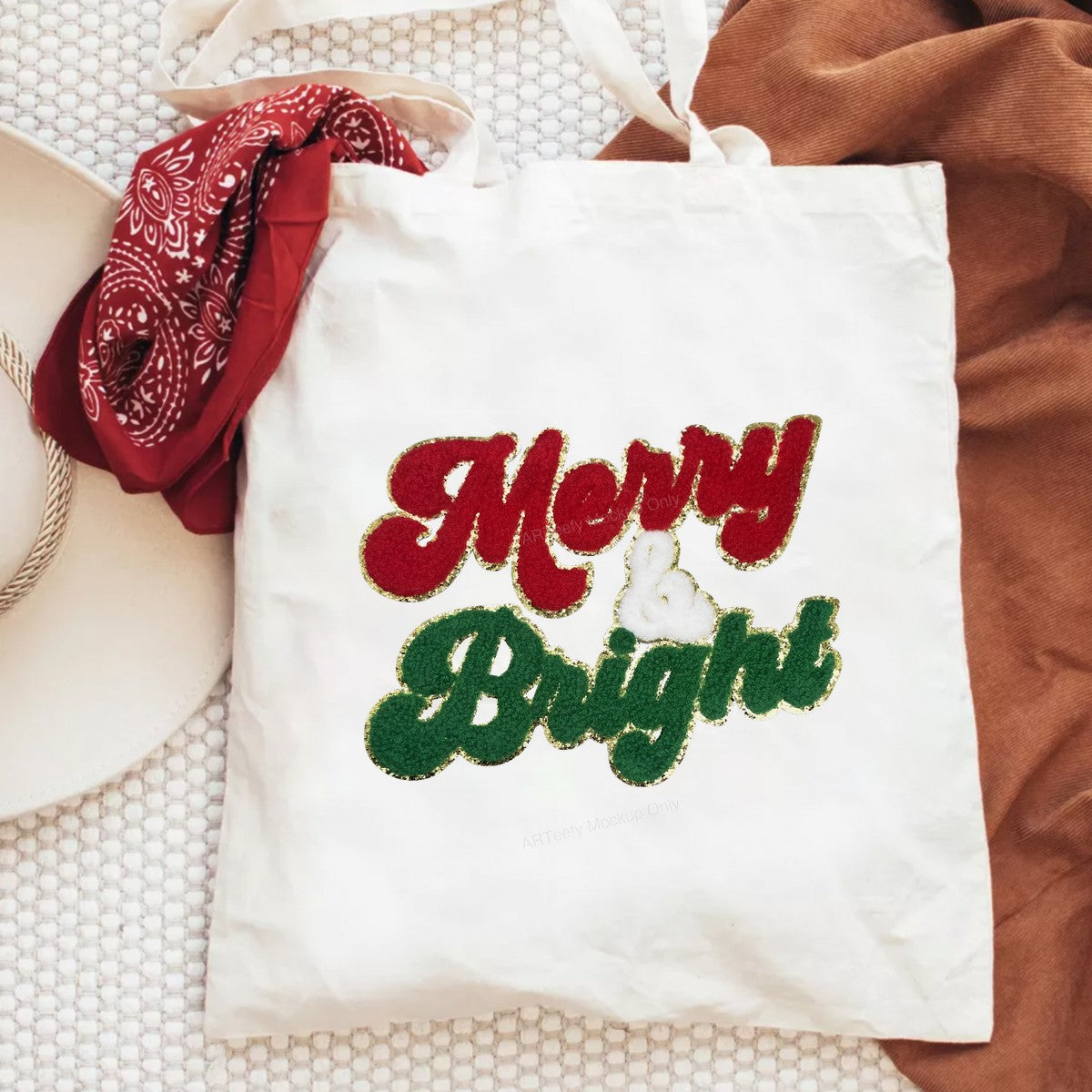 Iron On Transfer Merry & Bright Holiday Chenille Patch for T Shirts and Tote Bags - 6