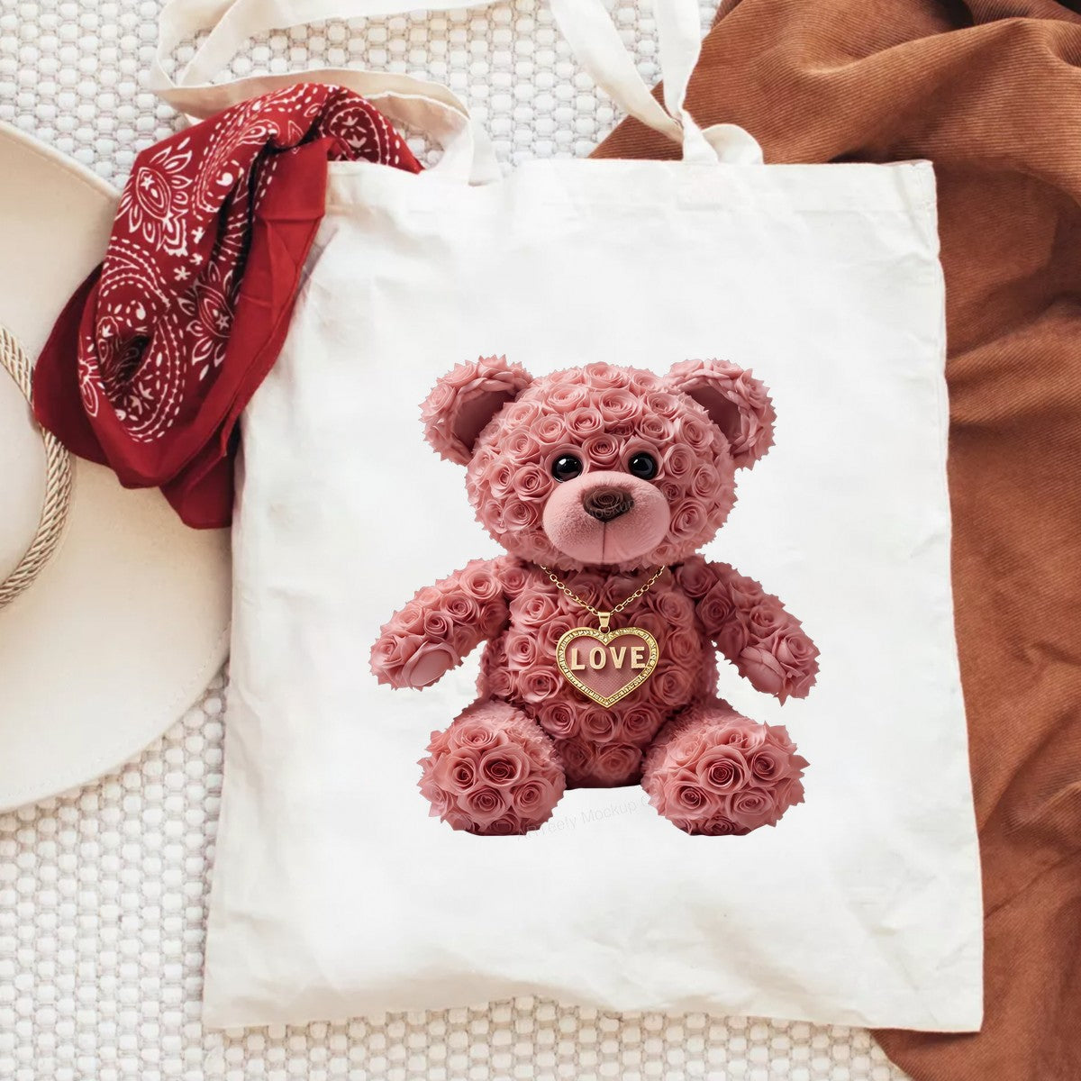 DTF Transfer Rose Teddy Bear with Gold Love Heart Necklace Graphic for Valentine Shirts and Romantic Gifts - 6