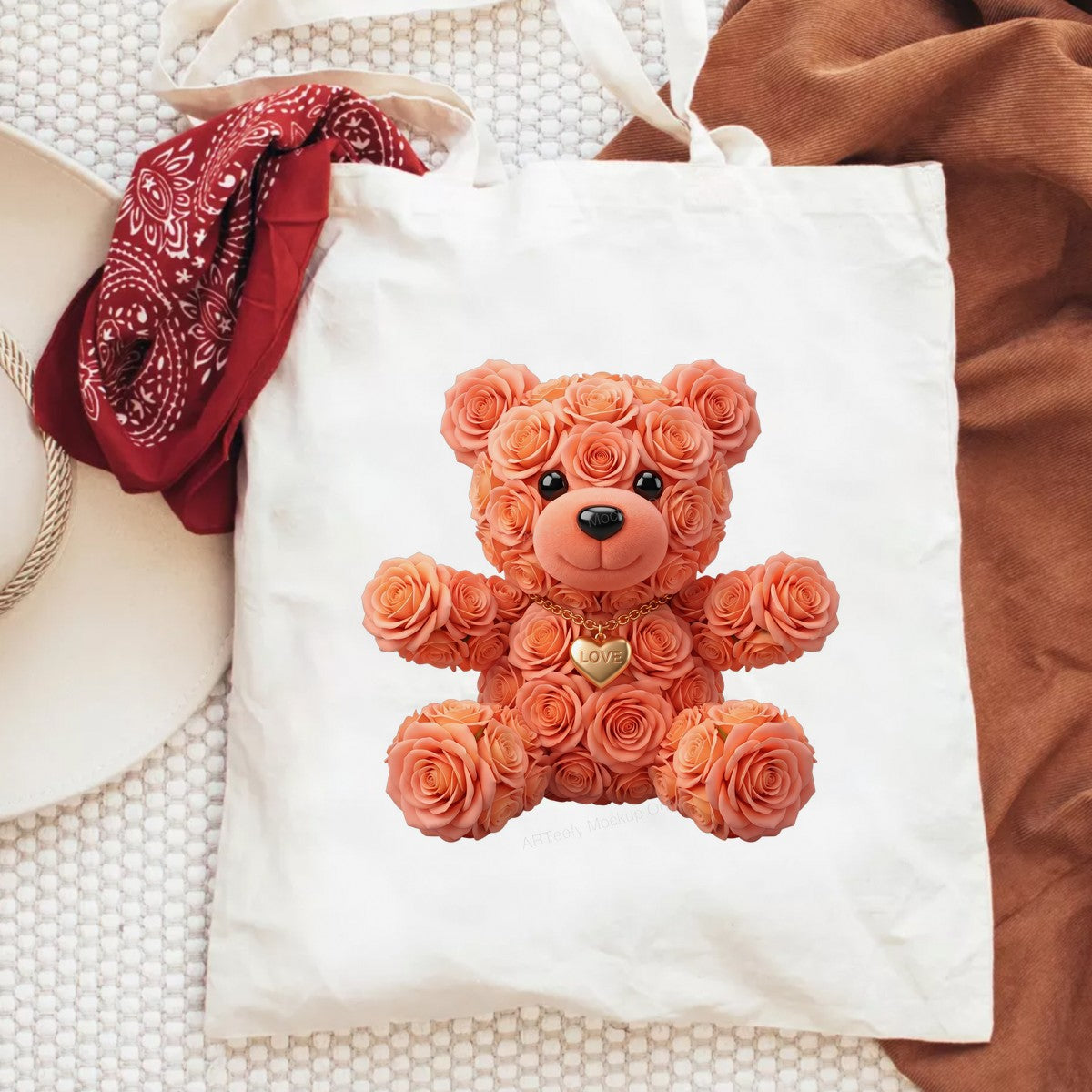 DTF Transfer Rose Teddy Bear with Love Heart Necklace Romantic Graphic for Valentine Shirts and Gifts - 6