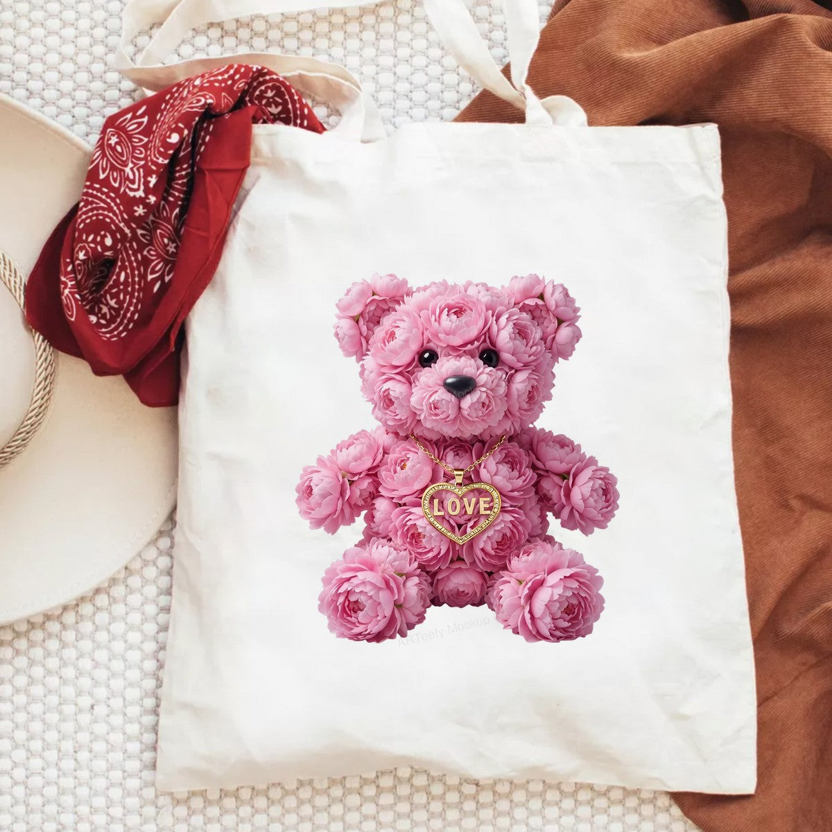DTF Transfer Pink Flower Teddy Bear with Gold LOVE Heart Necklace Graphic for T Shirts Hoodies and Valentine Gifts - 6