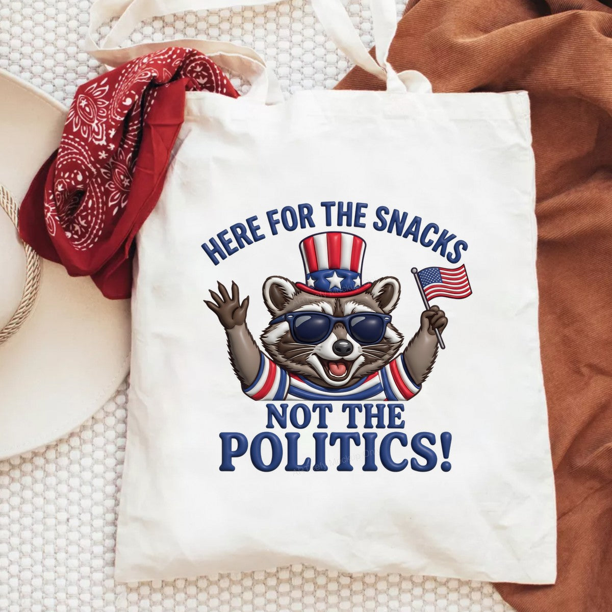 Funny Graphic Transfer Here for the Snacks Not the Politics Patriotic Raccoon Design for T Shirts Hoodies and Holiday Shirts - 6