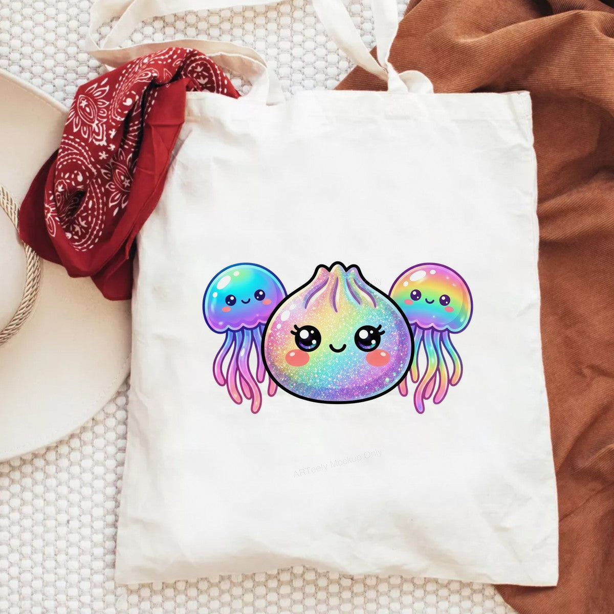 DTF Transfer Kawaii Rainbow Dumpling and Jellyfish Glitter Graphic for T Shirts Hoodies and Tote Bags - 6