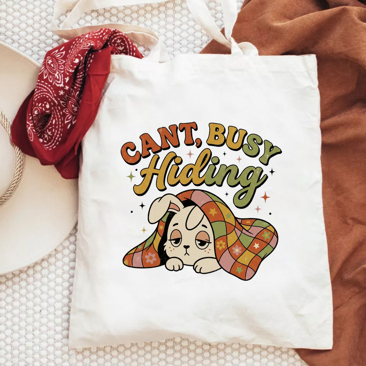 Funny Graphic Transfer Cant Busy Hiding Bunny Under Quilt Retro Pastel Design for T Shirts Hoodies and Lounge Wear - 6