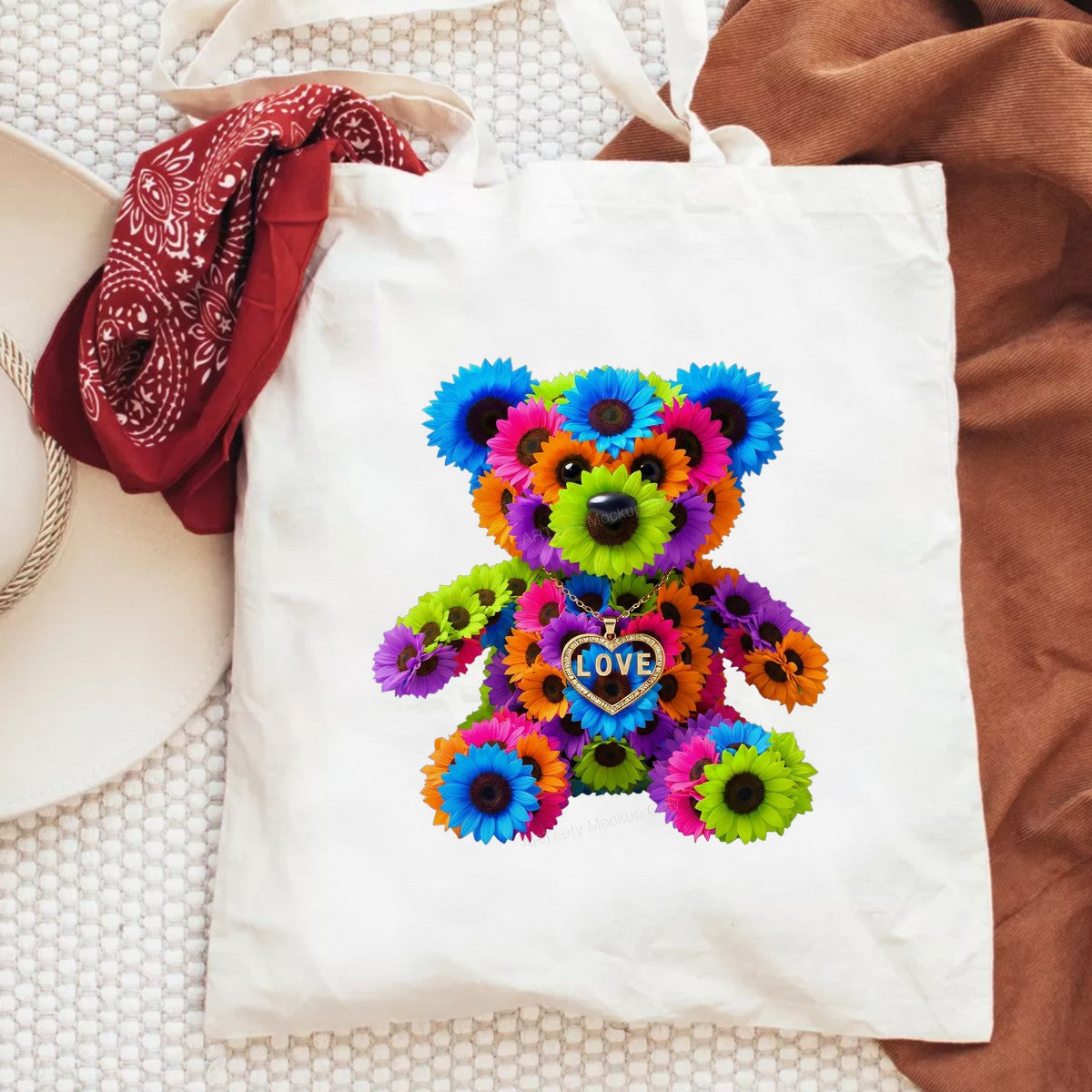 DTF Transfer Floral Teddy Bear LOVE Heart Necklace Graphic for T Shirts Hoodies and Gifts - 6