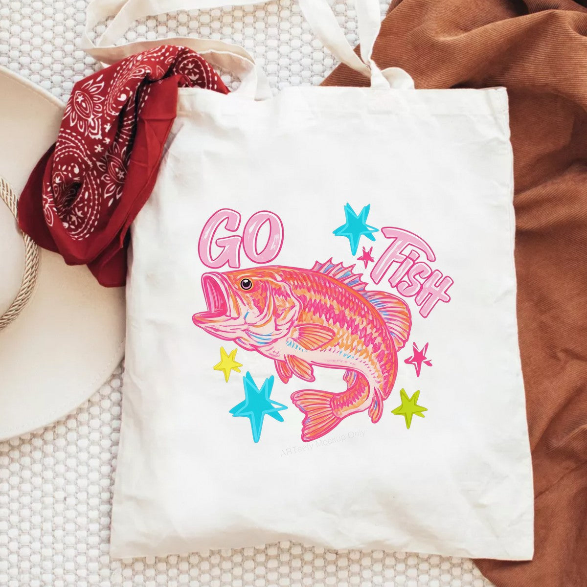DTF Transfer Go Fish Pink Bass with Colorful Stars Graphic for T Shirts Hoodies and Fishing Apparel - 6